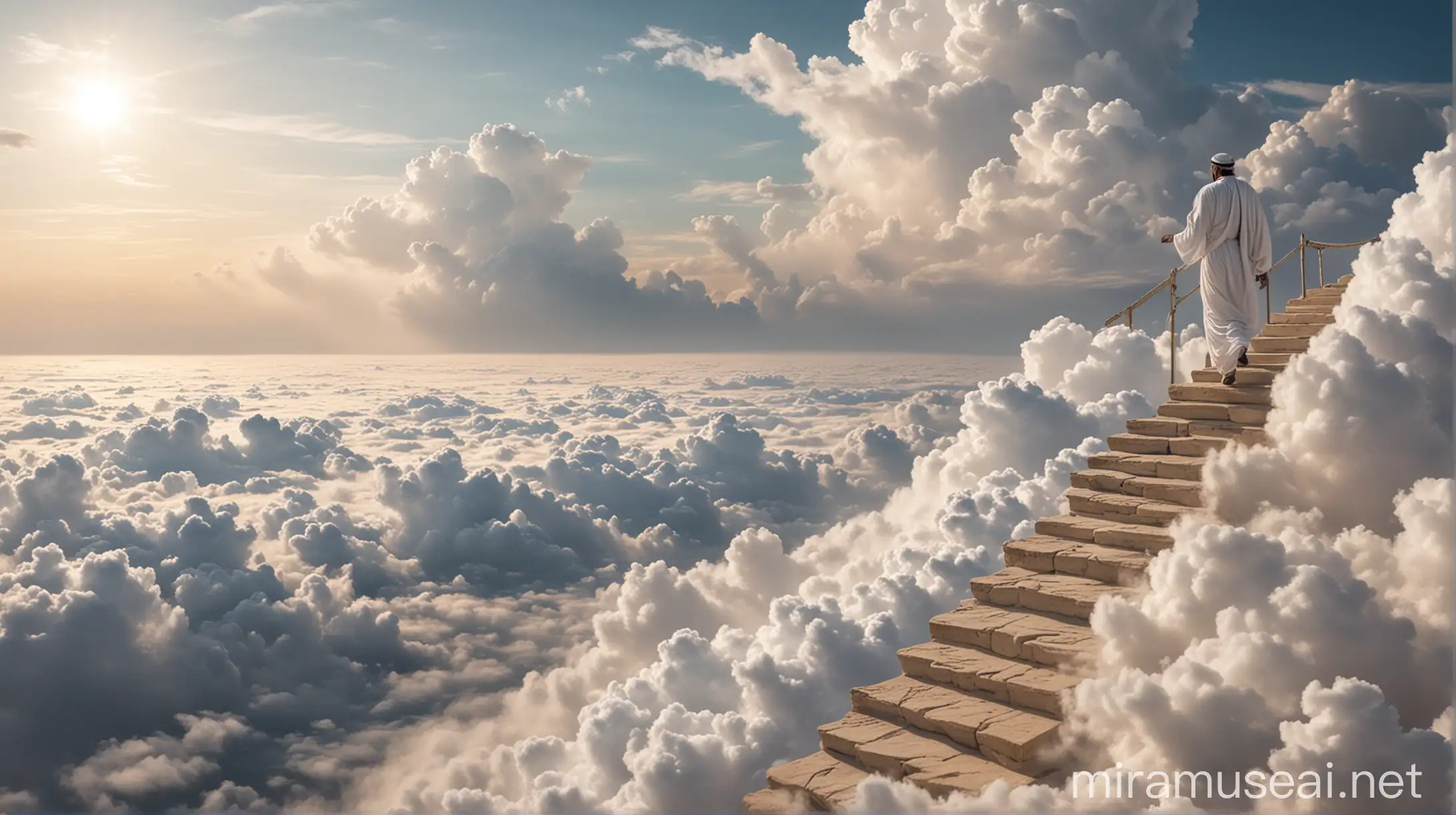 An Arab man dressed in white, at the time of the Prophet, climbed the stairs to the top of the clouds...
