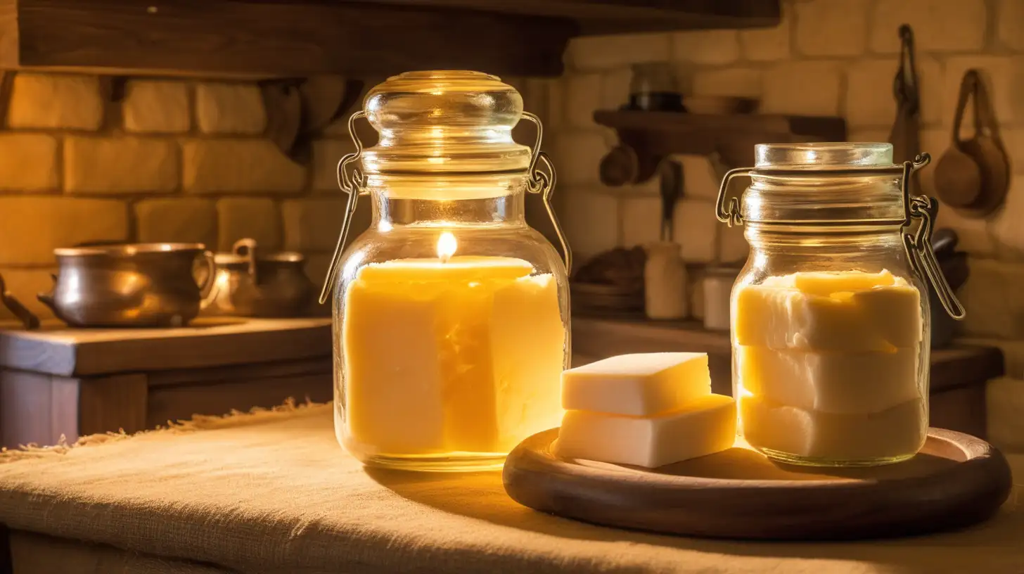biblical era, a glass jar filled with tallow, in the kitchen of an inn, warm yellow-orange light