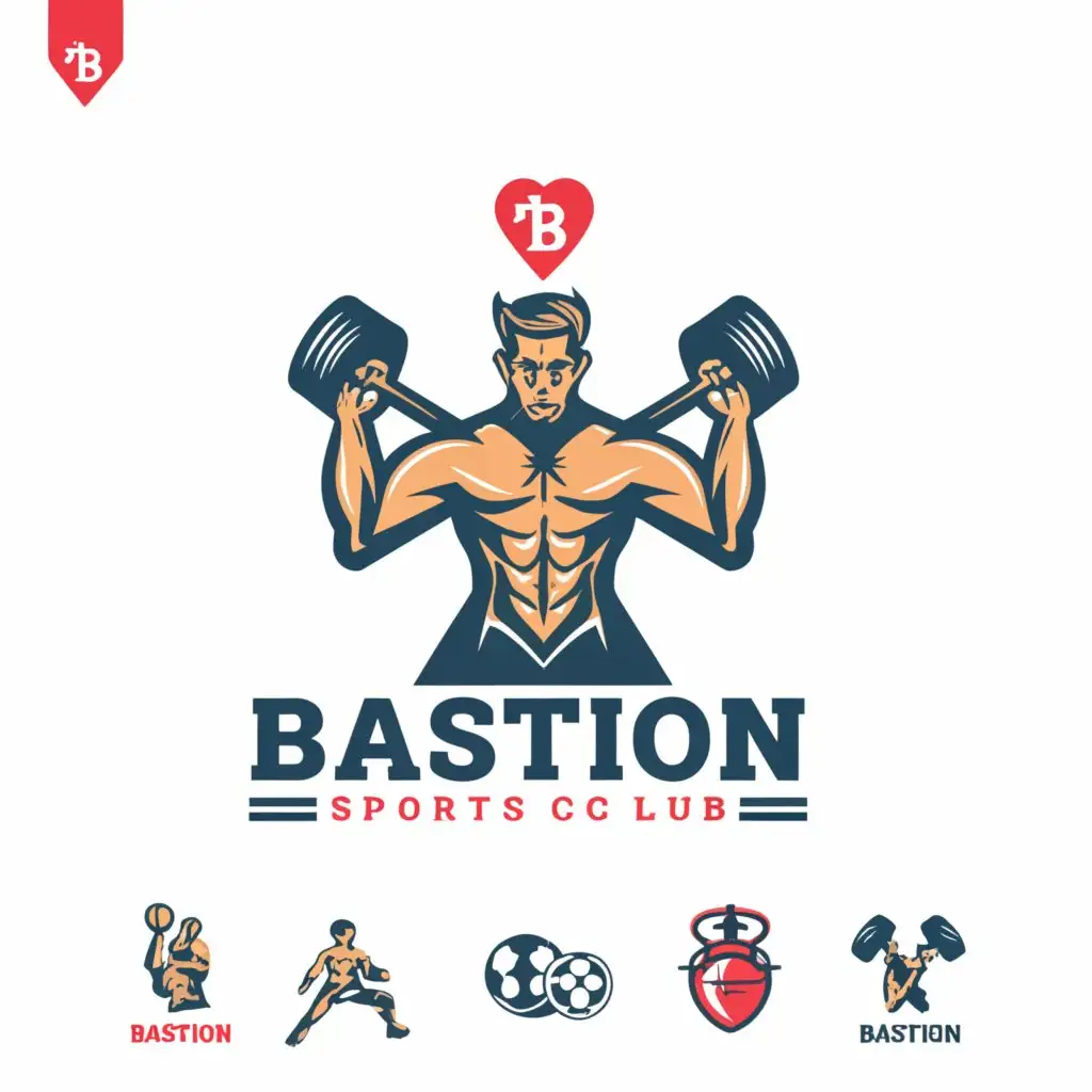 a logo design,with the text "Sports Club Bastion", main symbol:The heart of man, the Bastion tower, sports equipment,Moderate,be used in Sports Fitness industry,clear background