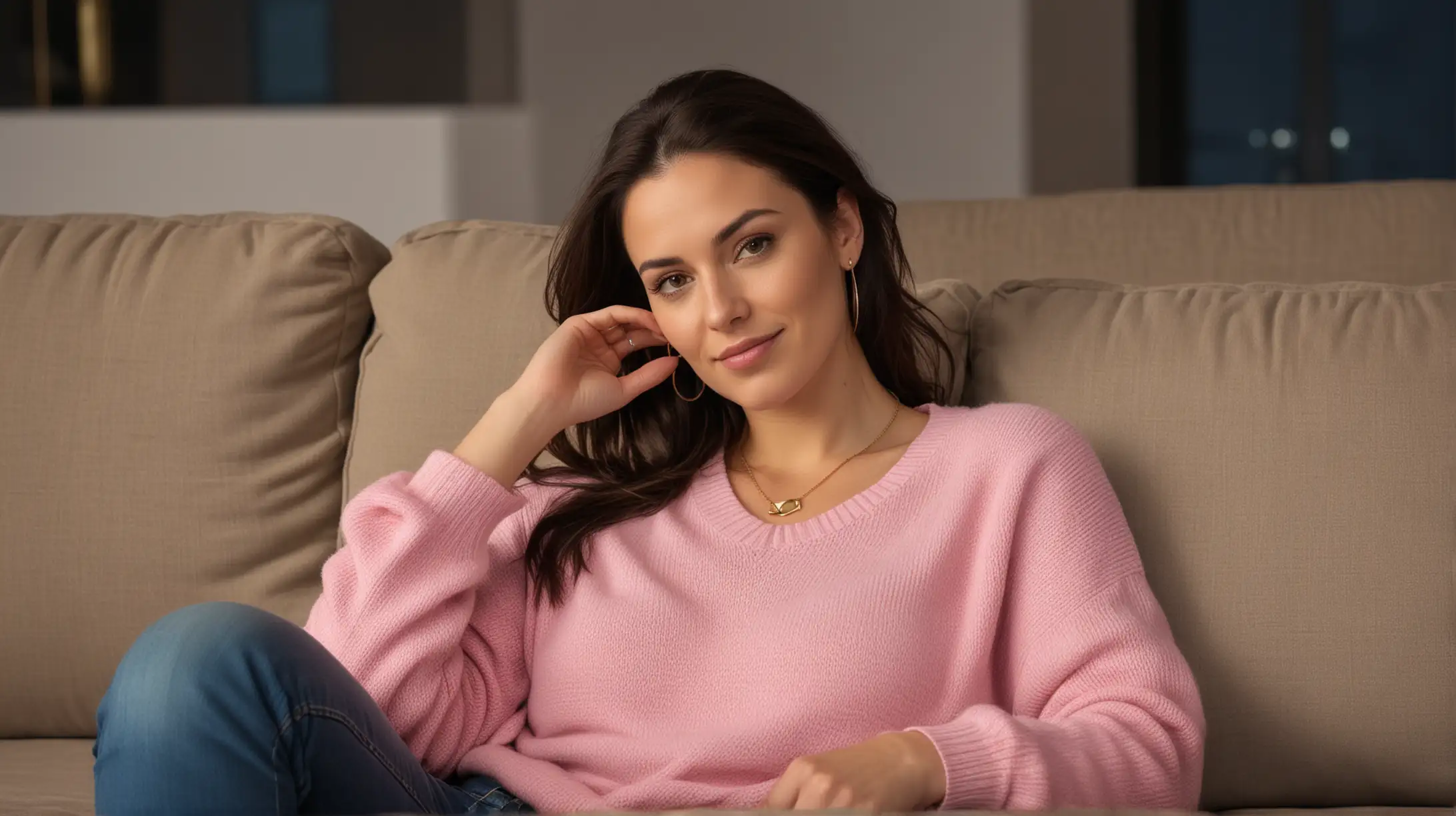 Closeup view of 30 year old white woman with long dark brown hair, simple gold necklace, pink sweater and blue jeans, lying on a couch in a modern apartment at night