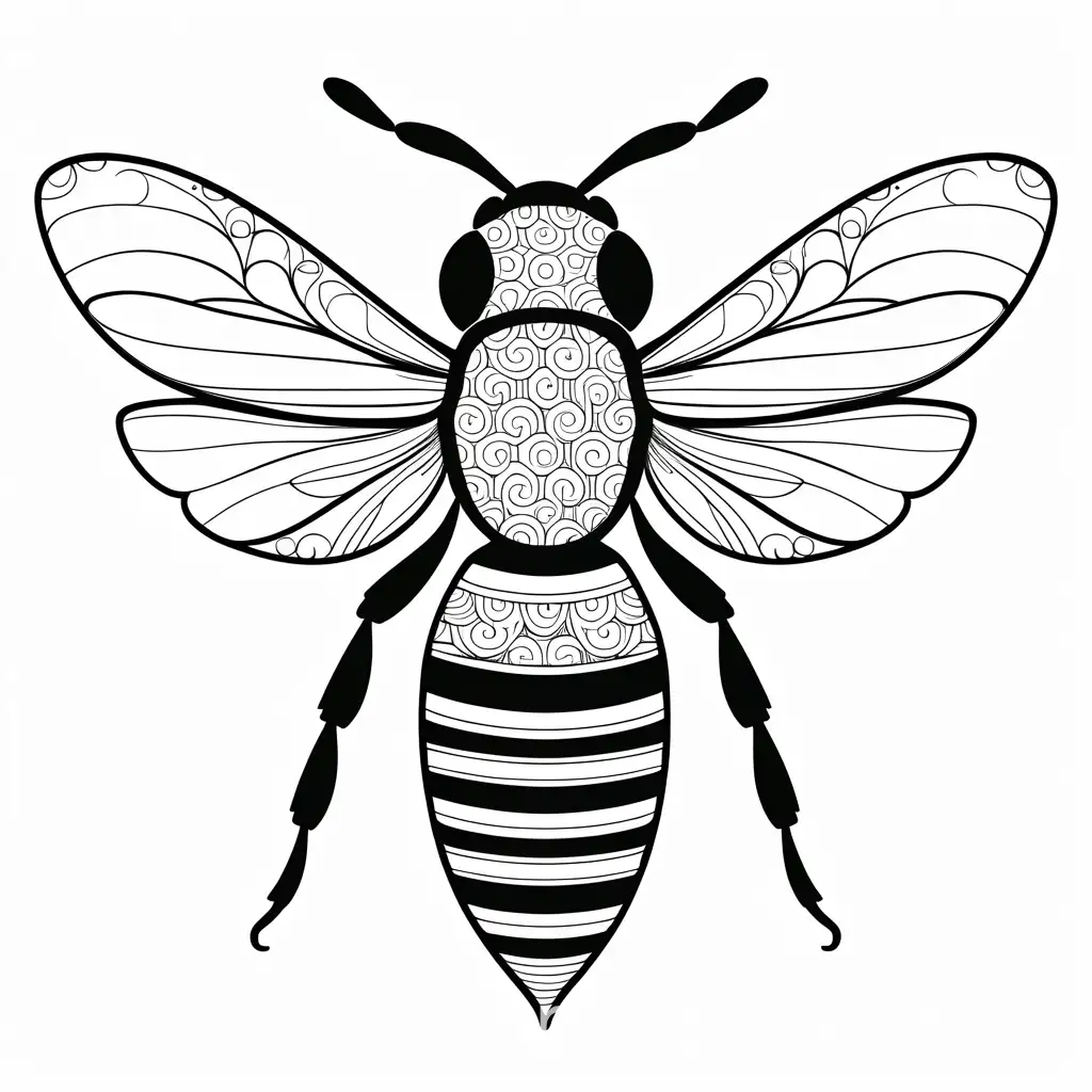 Bee-Zentangle-Coloring-Page-Intricate-Black-and-White-Line-Art-on-White-Background