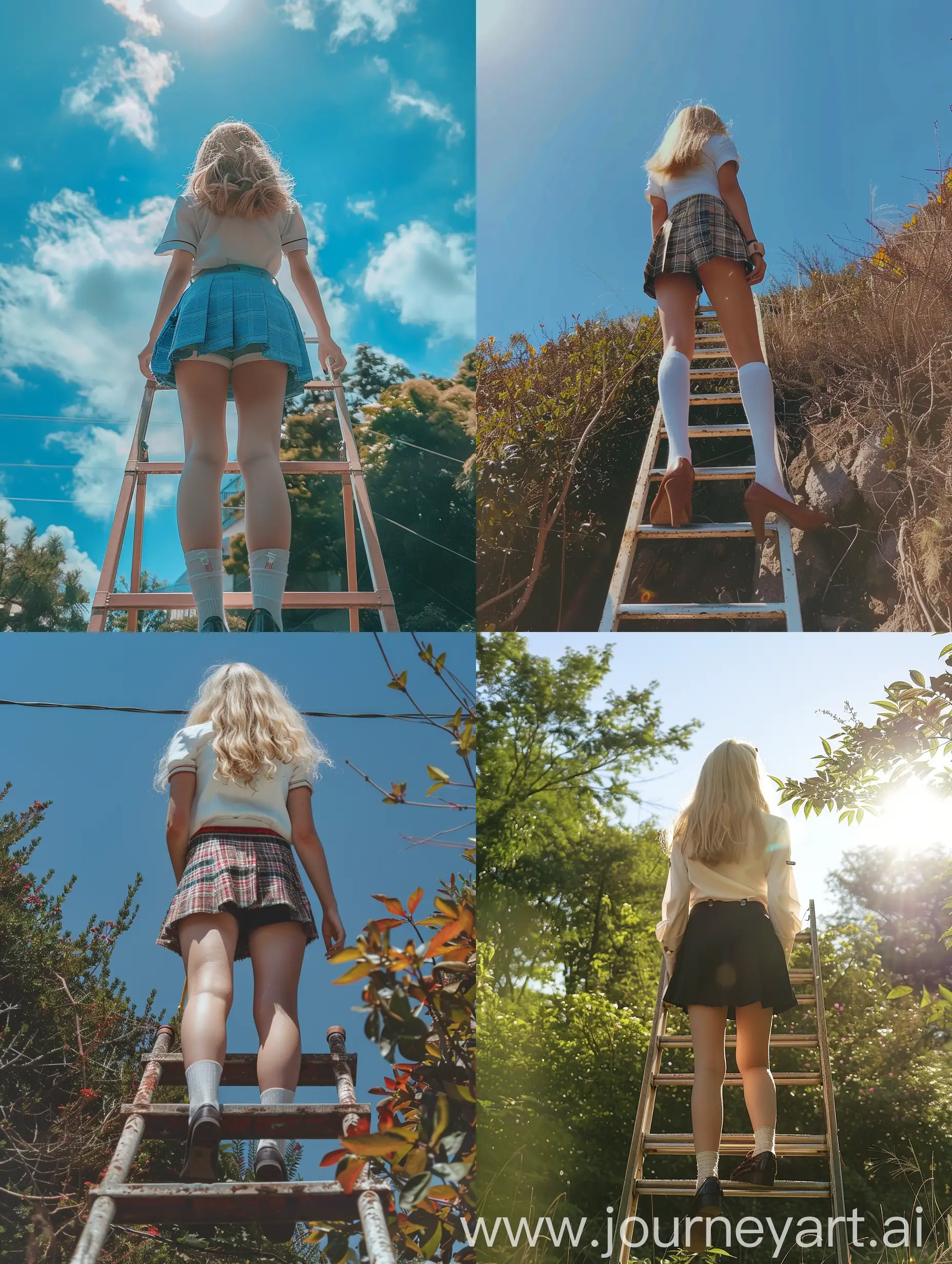 1 girl, blonde hair, 22 years old,  fat legs, school uniform, skirt, climbing a huge ladder, back, , natural , iphone photo natural, sunny day, real photo