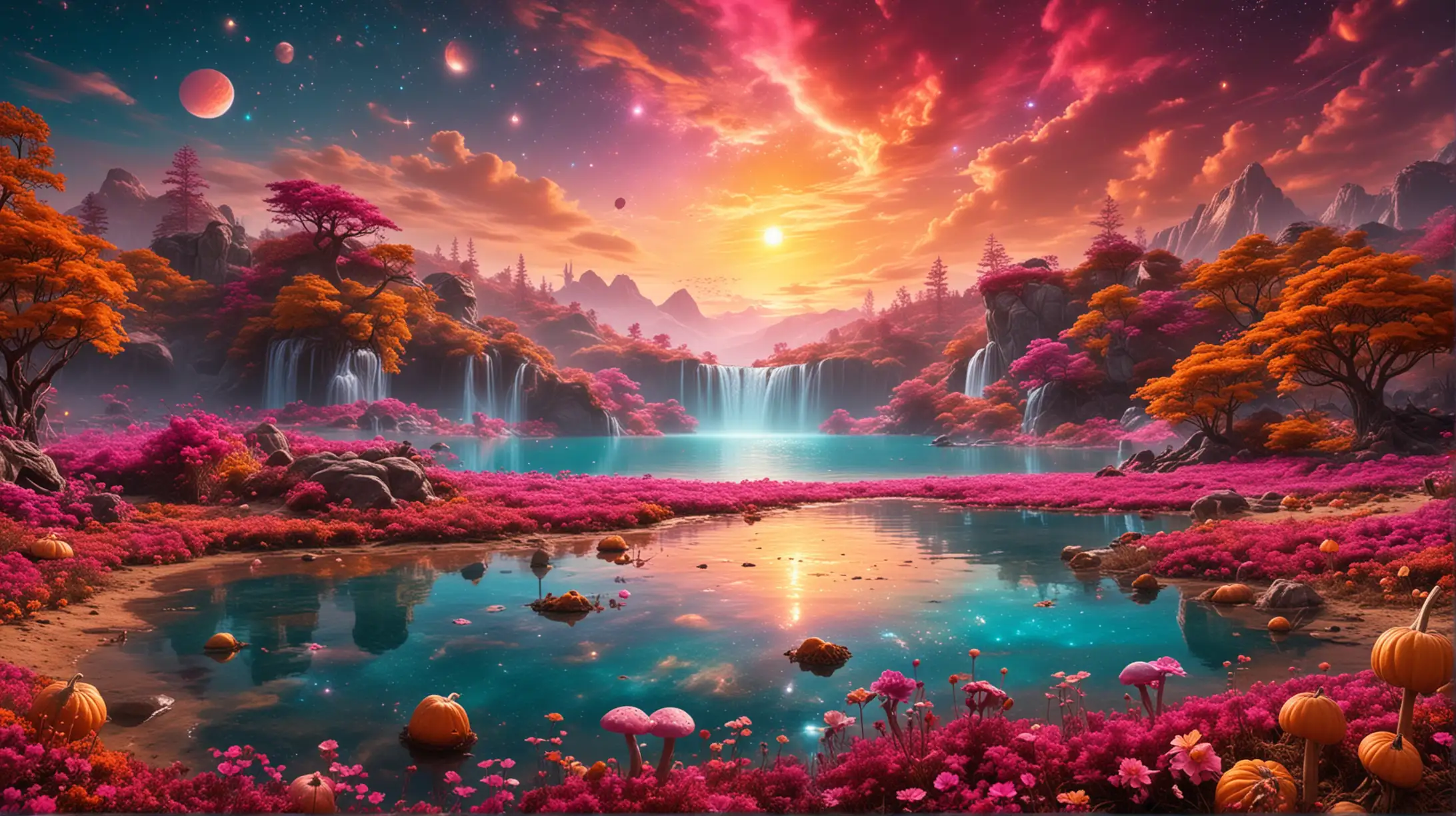 florescent fairytale pumpkins and mushrooms of Orange and Pink and golden-magenta in golden dust and a magical turquoise glowing lake and waterfall of luminescent  magenta flowers, giant magenta-fire planet in the sky among galaxies.