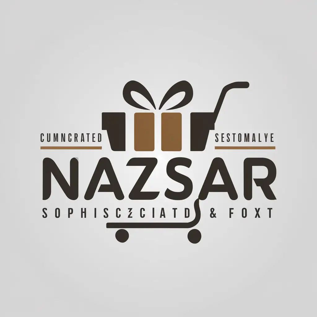 a logo design,with the text "Nazsar", main symbol:this logo should includes gift boxes, a shopping cart, or customizable text.. preferred color brown and black and white. must be white background,Moderate,clear background