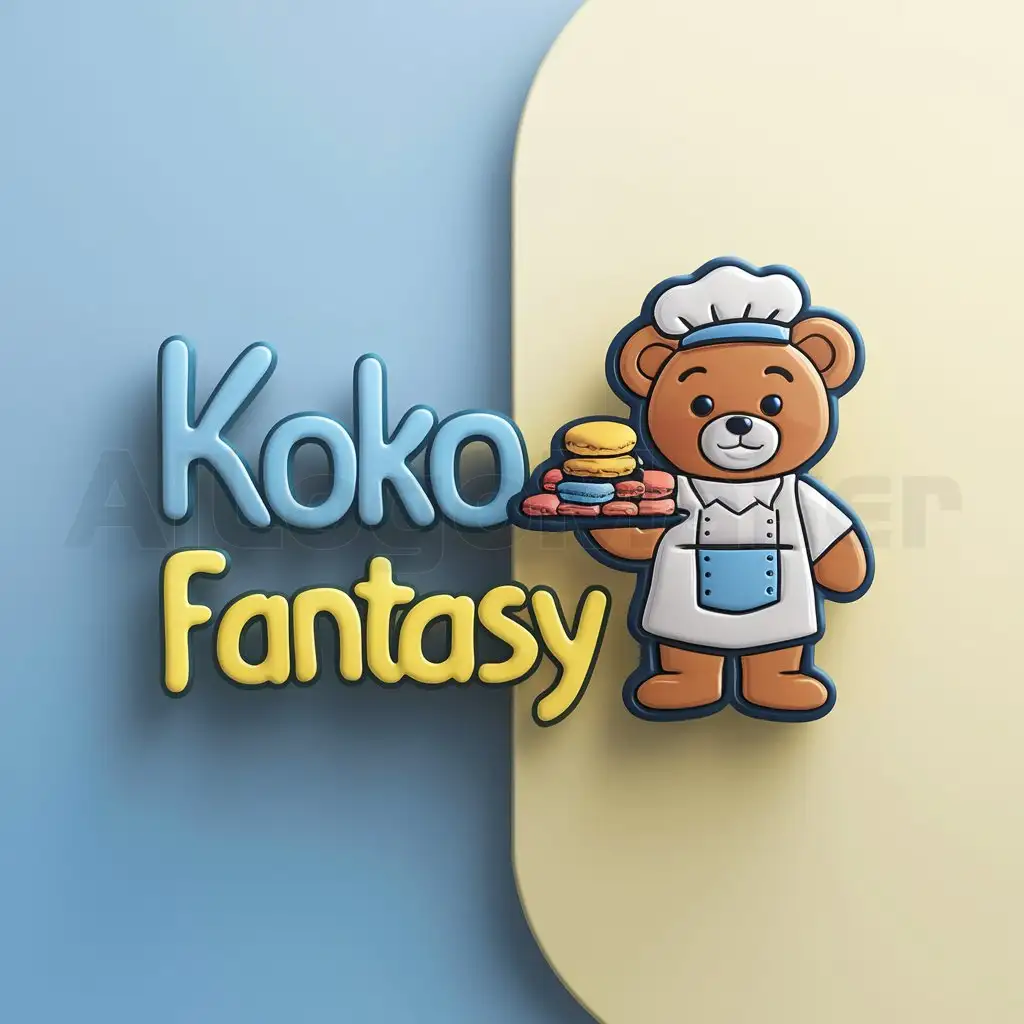 a logo design,with the text "Koko Fantasy", main symbol:drawing of teddy bear dressed as a baker with a tray of macarons, light blue and light yellow background, letters in blue and yellow,Moderate,be used in Repostería industry,clear background