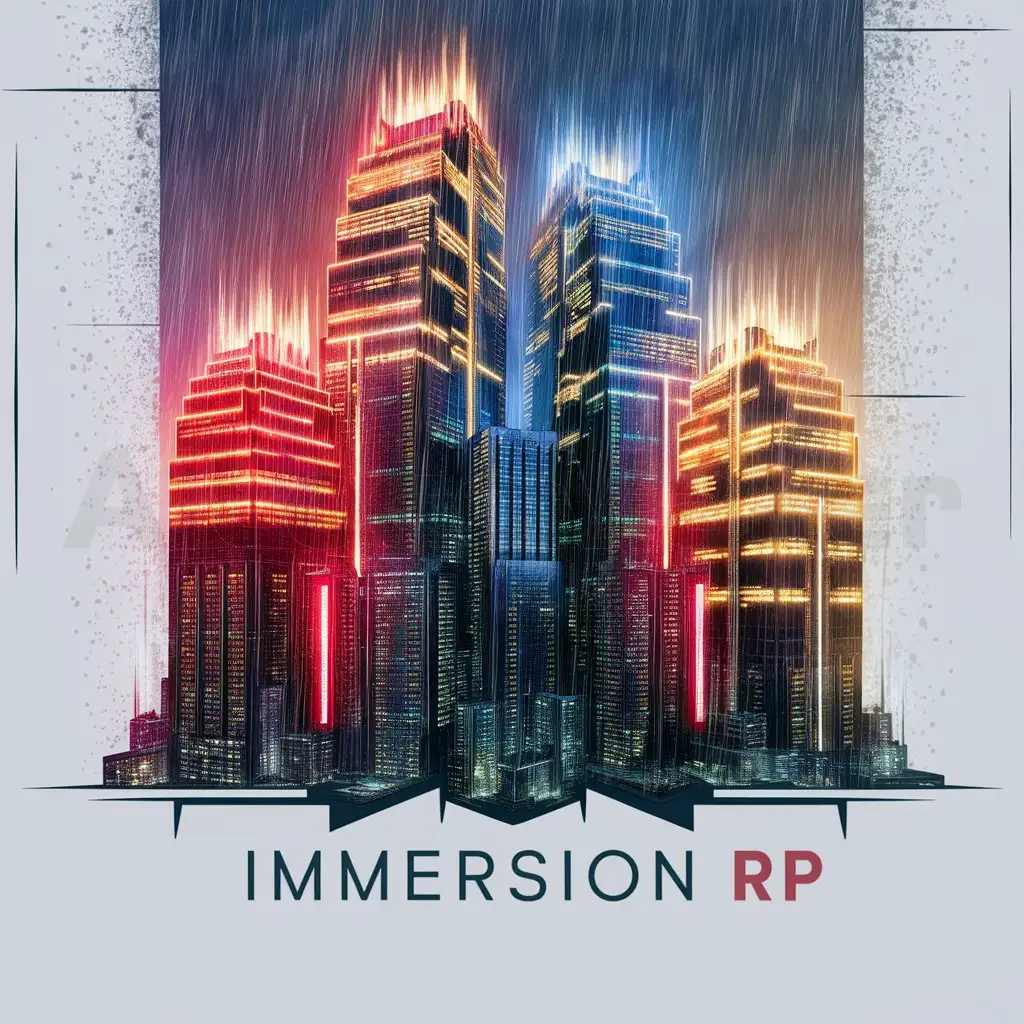 a logo design,with the text "Immersion RP", main symbol:Skyscrapers flashing red and cyan and orange and yellow lights with rain pouring down from the sky,Moderate,be used in Others industry,clear background