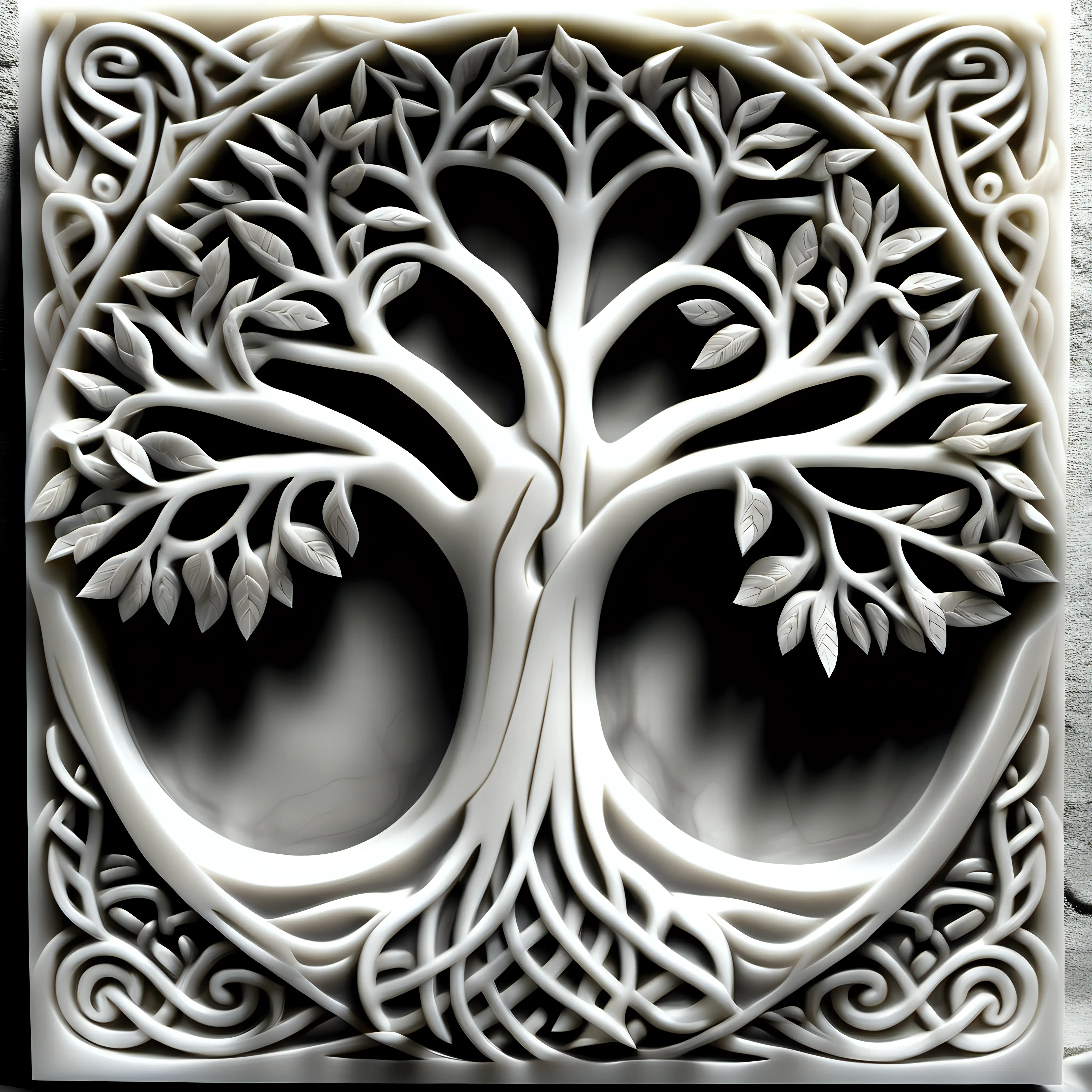 Celtic Tree of Life Sculpture with Olive Leaves in White Alabaster