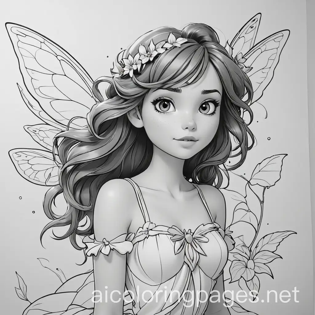 fairy coloring page, Coloring Page, black and white, line art, white background, Simplicity, Ample White Space. The background of the coloring page is plain white to make it easy for young children to color within the lines. The outlines of all the subjects are easy to distinguish, making it simple for kids to color without too much difficulty