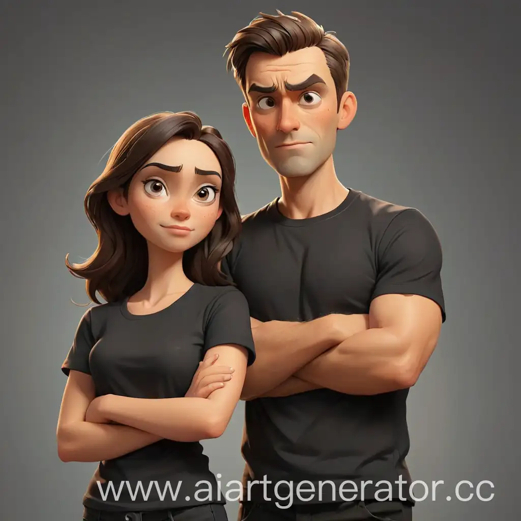 Confident-Cartoonish-Couple-in-Black-TShirts-Standing-Proudly-with-Arms-Crossed