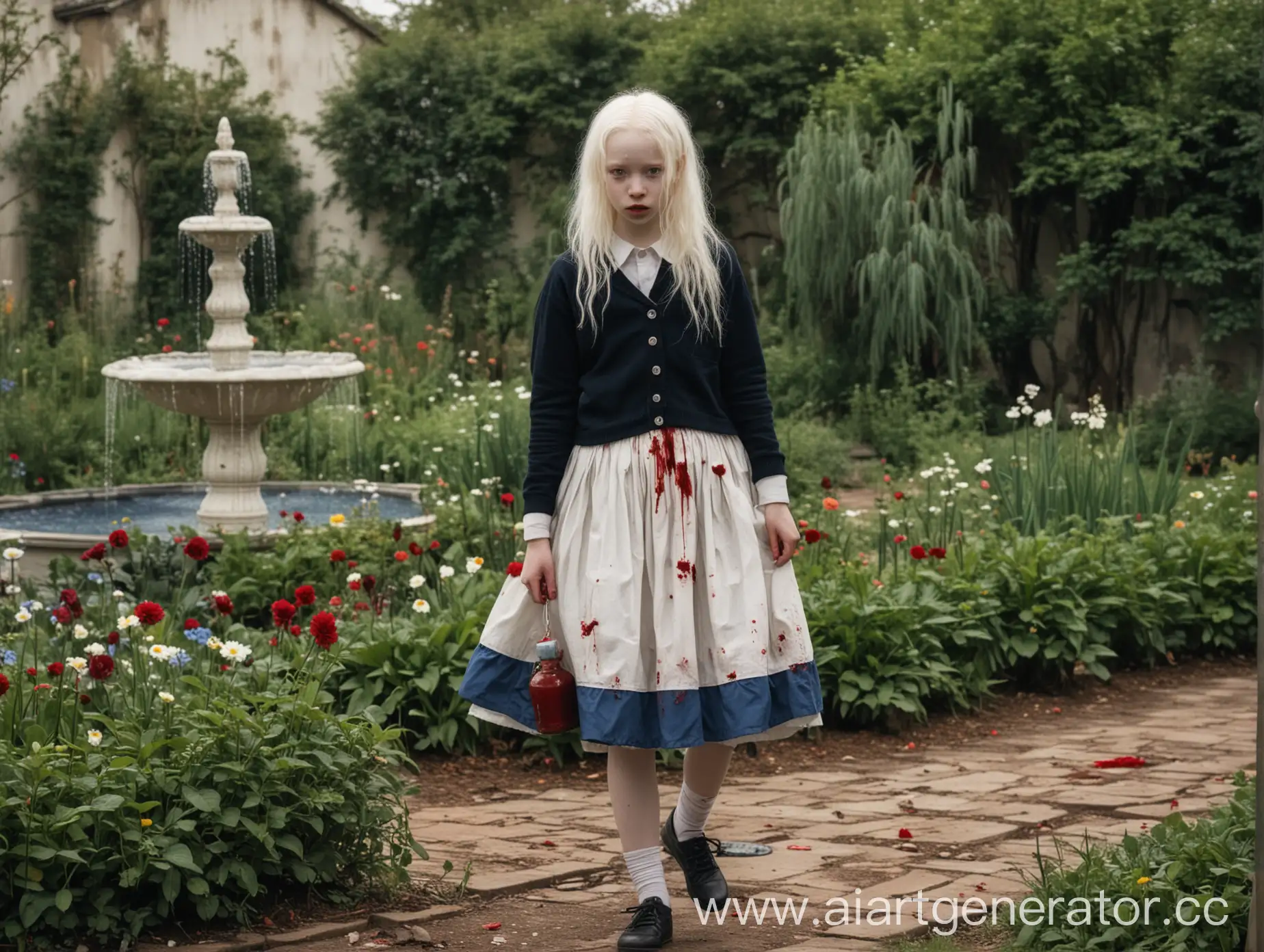 Девочка альбинос 16 лет идёт по саду с бутылочкой крови, одета в юбку и черно синий кардиган рядом с ней фонтан 
