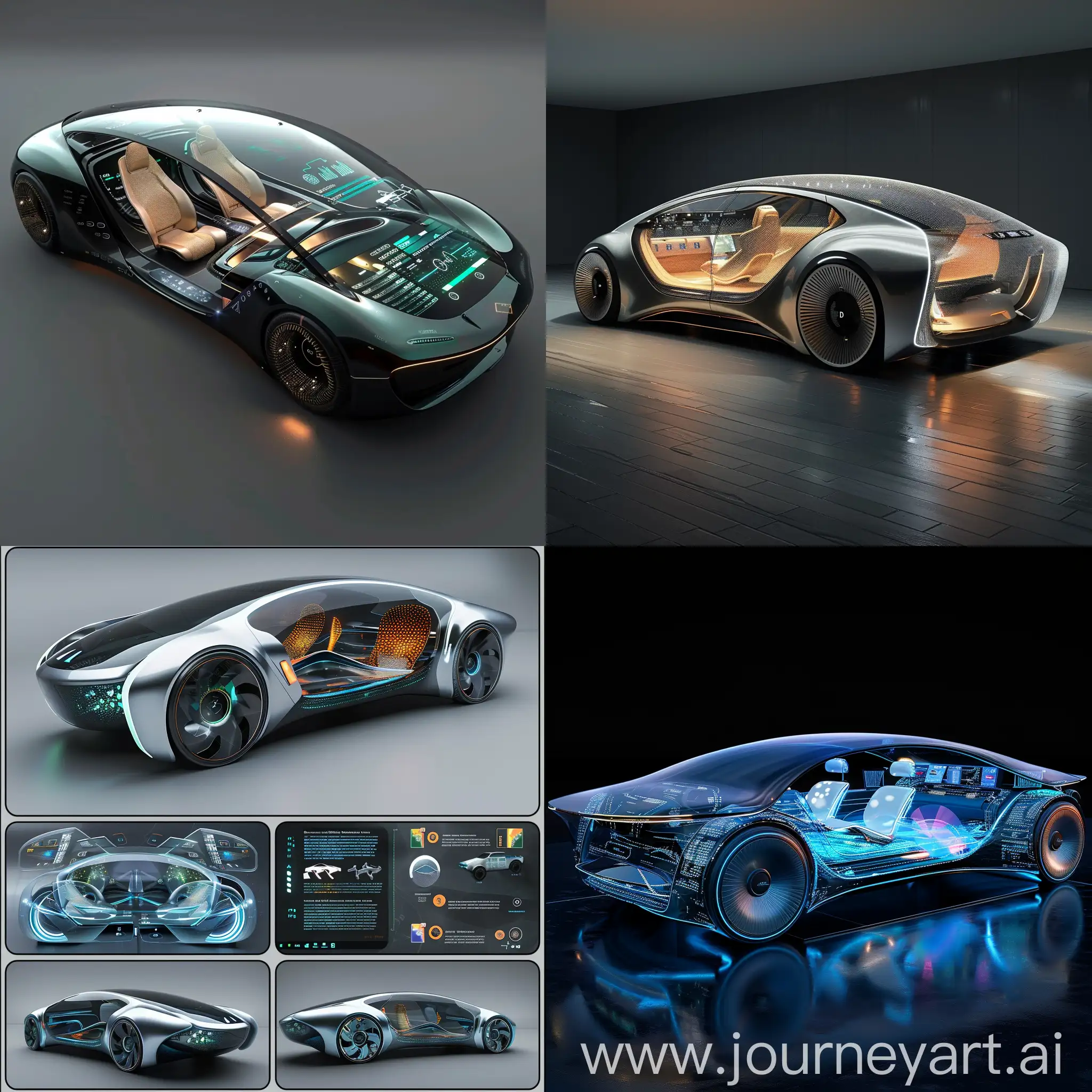 Futuristic car, 2055 world, Adaptive AI Interior, Augmented Reality Dashboards, Self-Healing Materials, Biometric Access and Control, Holographic Displays, Health Monitoring Systems, Modular Interior Configurations, Transparent OLED Panels, Advanced Noise Cancellation, Smart Fabric and Materials, Self-Healing Paint and Body Panels, Dynamic Shape-Shifting Aerodynamics, Integrated Solar Panels, Active Surface Textures, Advanced Sensor Arrays, Color-Changing Exteriors, Holographic Projectors, Adaptive Lighting Systems, Magnetic Levitation Wheels, Integrated Drone Systems, unreal engine 5 --stylize 1000
