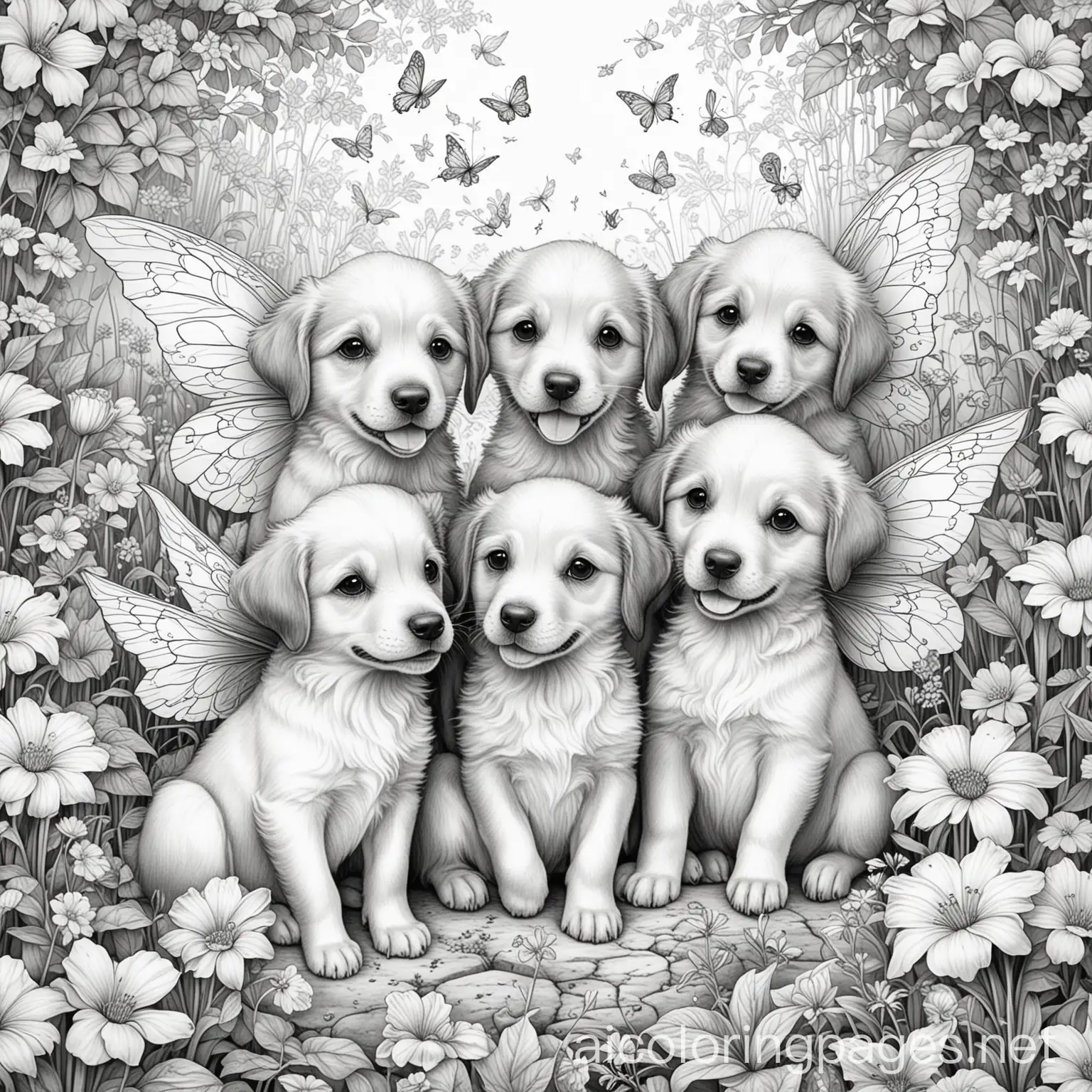 happy puppies surrounded by kind fairies in a flower garden, Coloring Page, black and white, line art, white background, Simplicity, Ample White Space