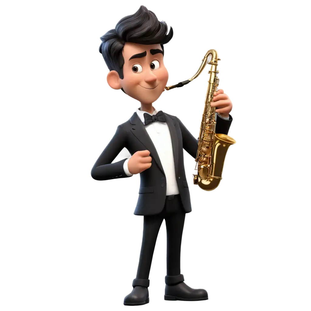 cartoon musician with tuxedo playing saxophone 3D