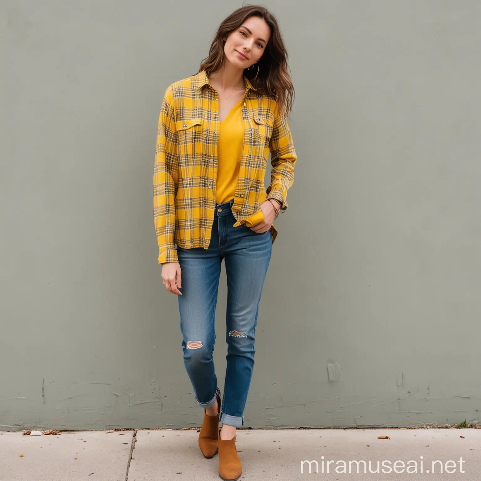Casually Dressed Tall Woman in Yellow Flannel Shirt