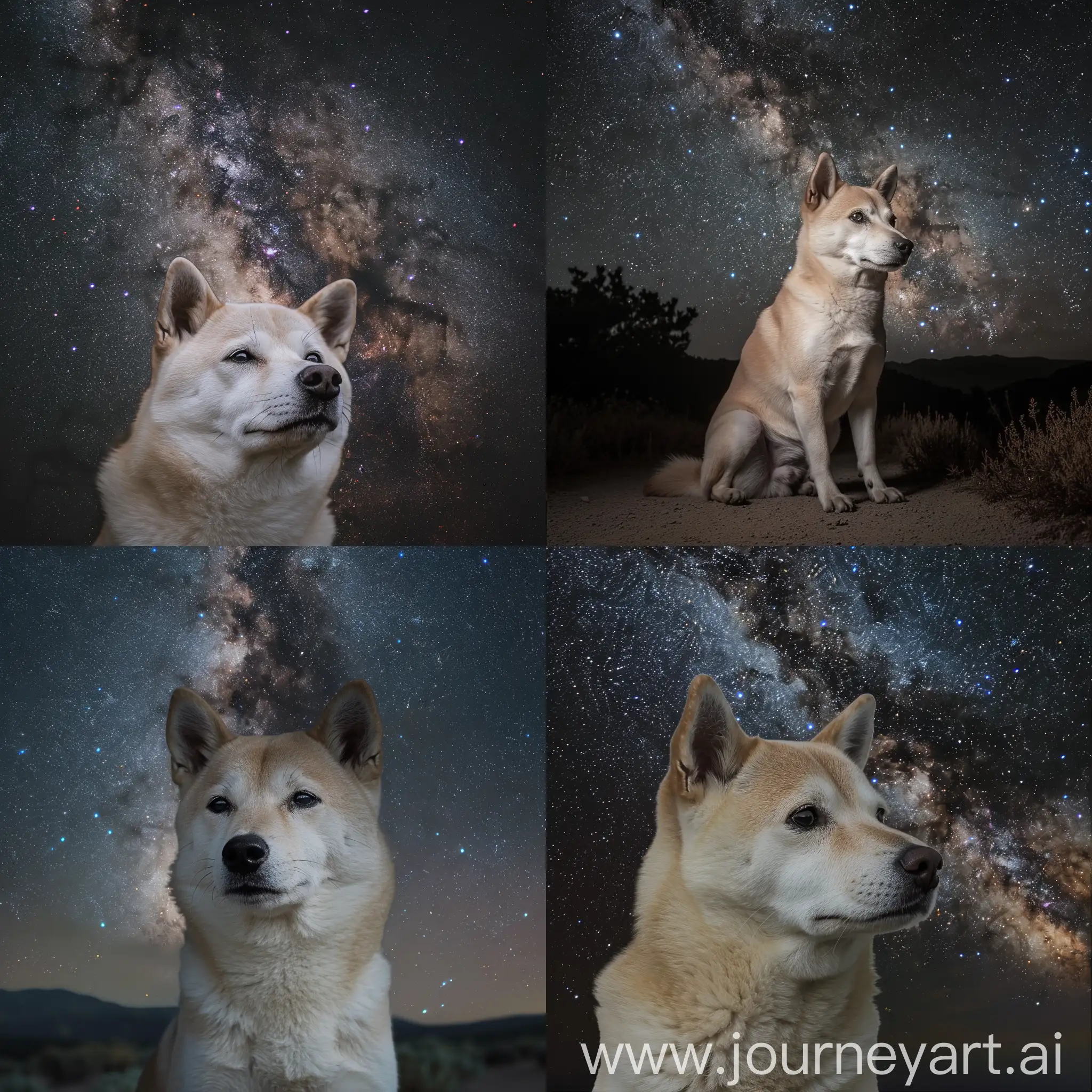 Midway through the Milky Way hiking trail, a cream-colored Shiba Inu pauses, its expression unusually serious. The vastness of space surrounds the trail, with the Milky Way shimmering overhead. The Shiba Inu, known for its spirited nature, seems contemplative, as if pondering the mysteries of the cosmos. Its gaze is fixed on a distant star, adding an ethereal quality to the serene, otherworldly scene — ar 16:9