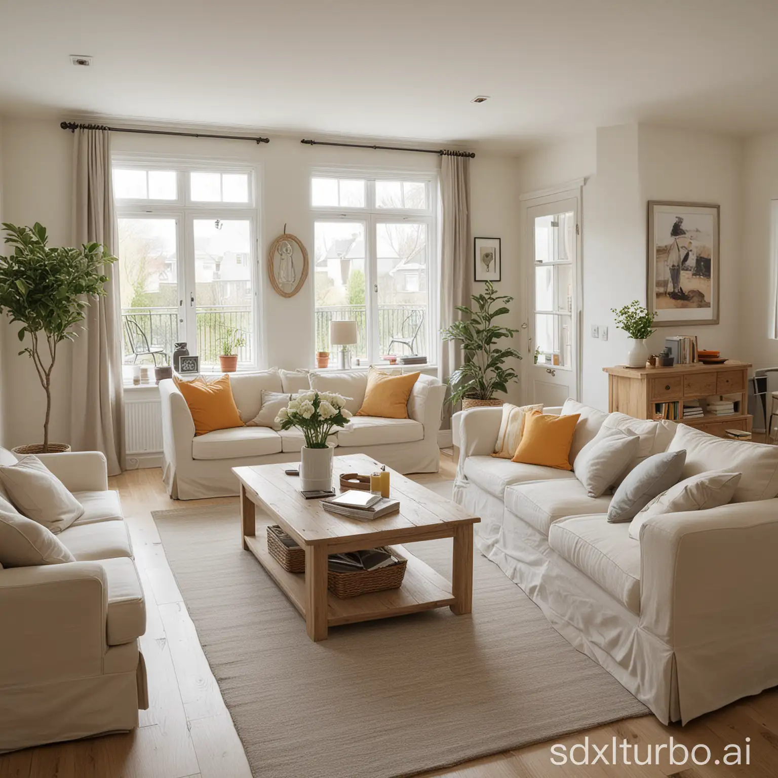 A clean and tidy living room with a bright, airy feel. The furniture is arranged in a comfortable and inviting way, and there are no signs of clutter or mess.