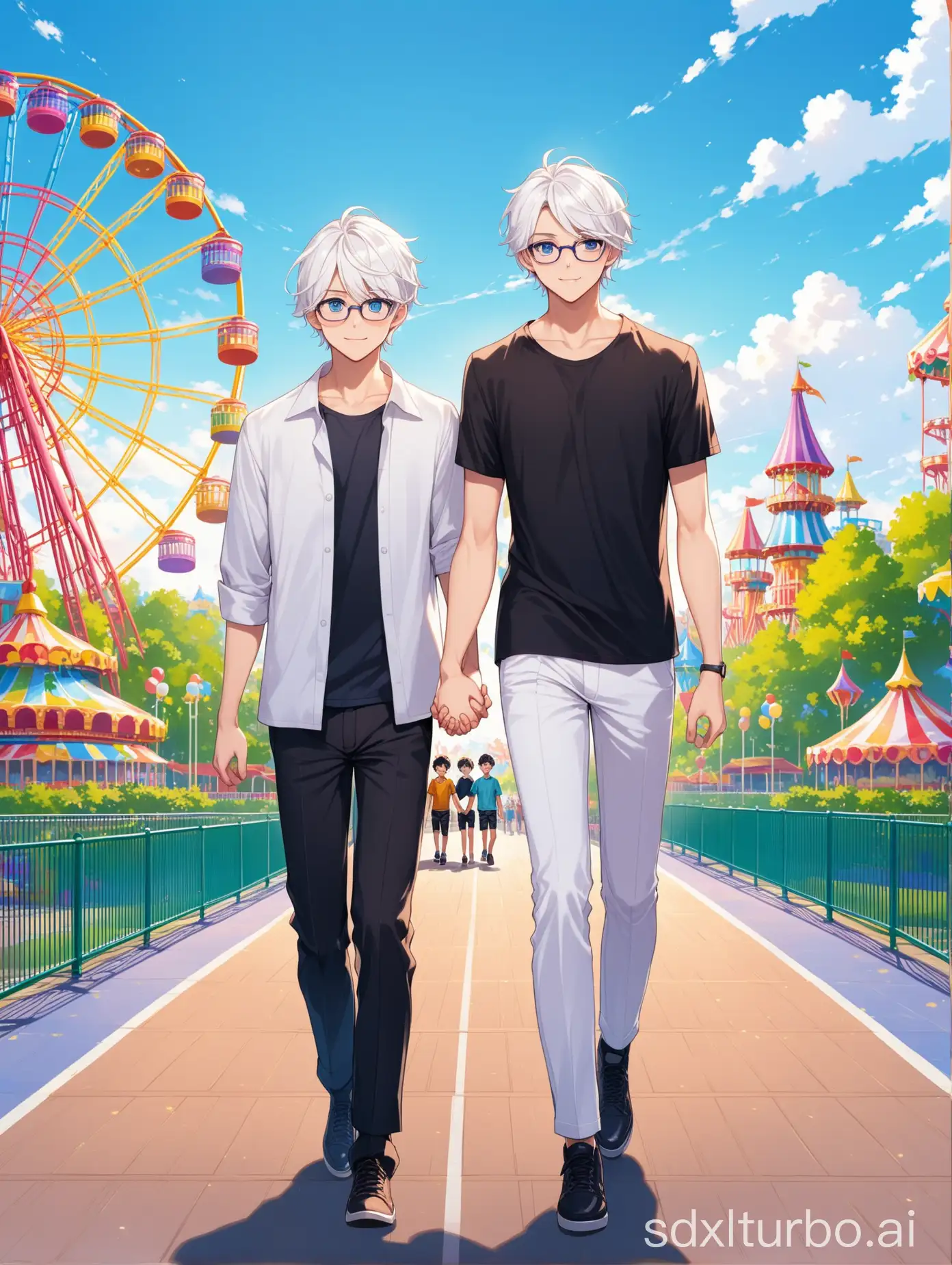 a young man with white hair and blue eyes who is 180cm tall and well built holding hands of a young man with big black eyes and purple eyes with glasses with height 175cm are walking with amusement park in background