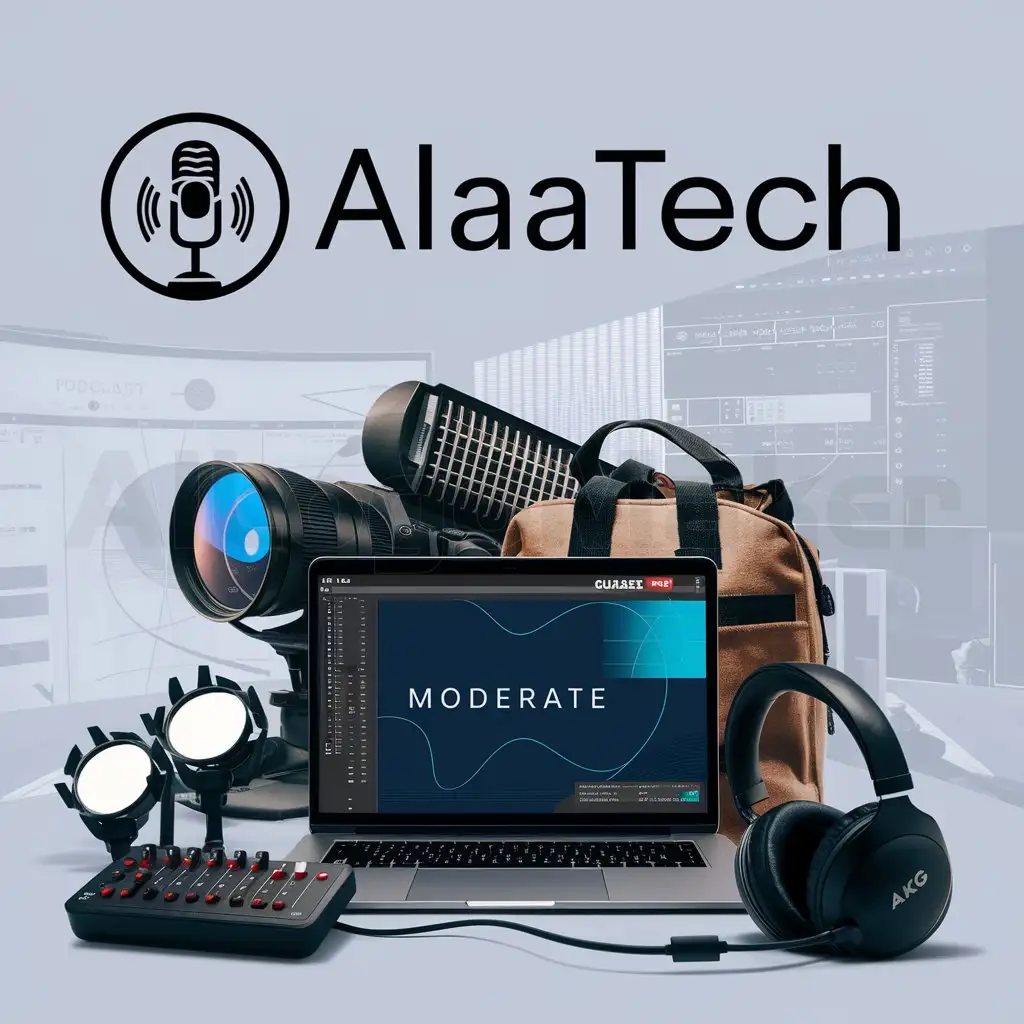 LOGO-Design-For-Alaatech-Modern-Camera-Podcast-Mic-and-Sound-Mixer-in-Syrian-Oriental-Setting