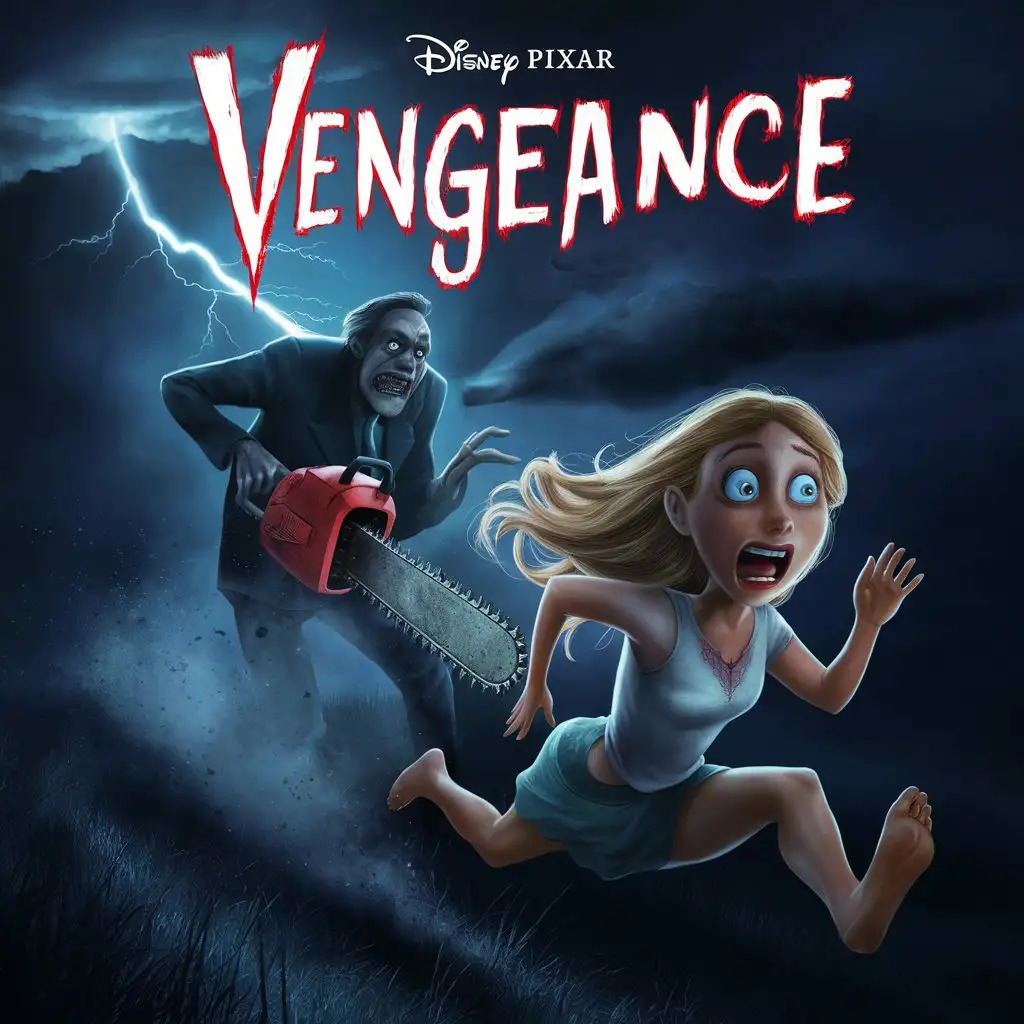 Disney Pixar poster of the animated movie named "VENGEANCE" with a scared beautiful blonde woman running away from a man with chainsaw