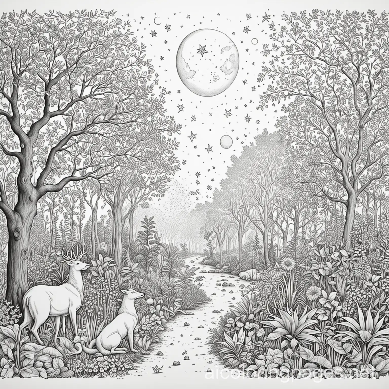 Illustration of the Earth, sun, moon, stars, animals, plants, and Adam and Eve in the Garden of Eden., Coloring Page, black and white, line art, white background, Simplicity, Ample White Space