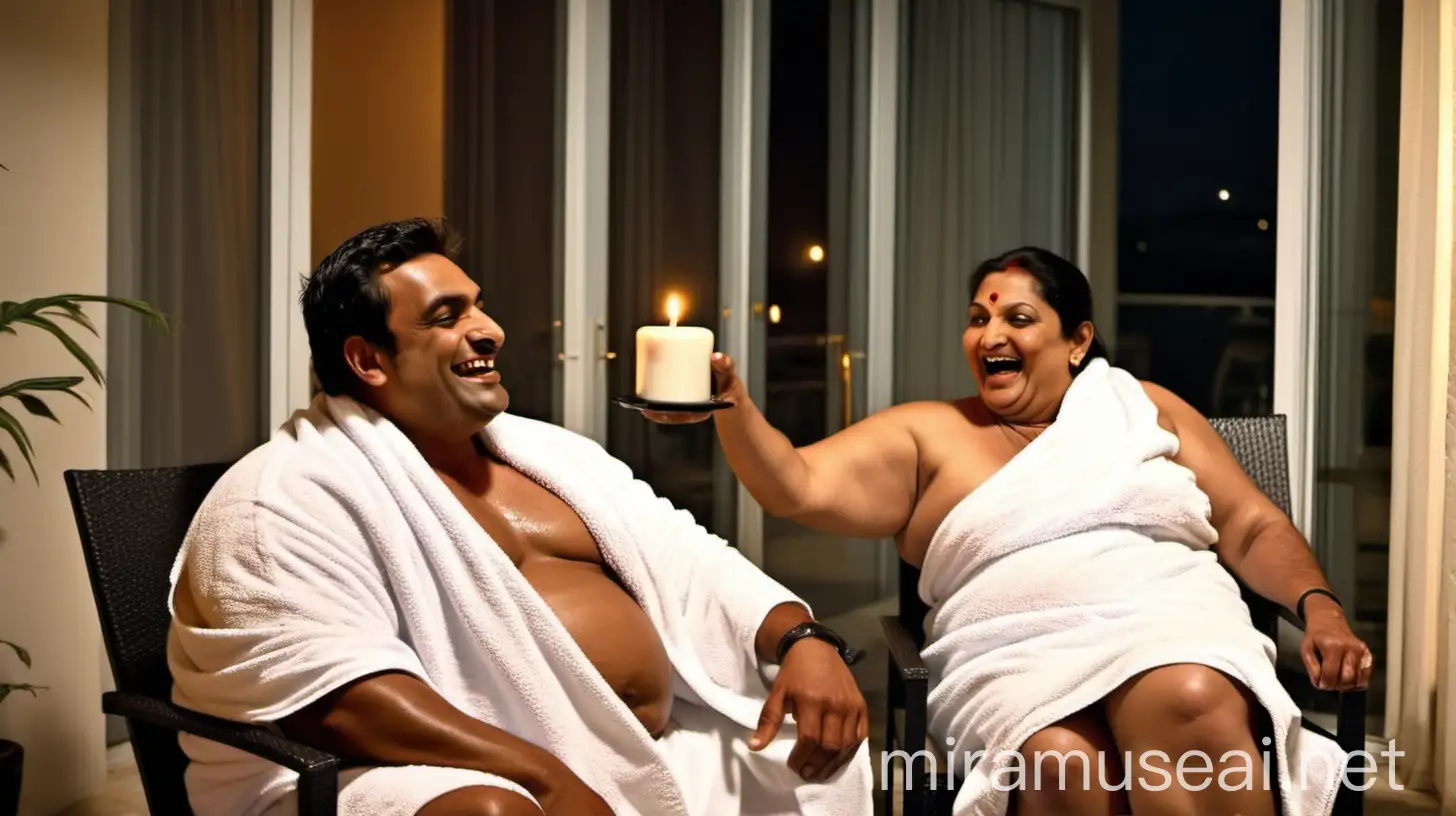 a 23 years indian muscular man is sitting with a 47 years  indian mature fat woman . both are wearing wet white bath towel and sitting on tow luxurious chairs. luxurious foods and drinks are served on a table they are sitting face to face and they are happy and laughing. there are doing candel light dinner and a dangerious  big dog is near them. they are in a big balcony.