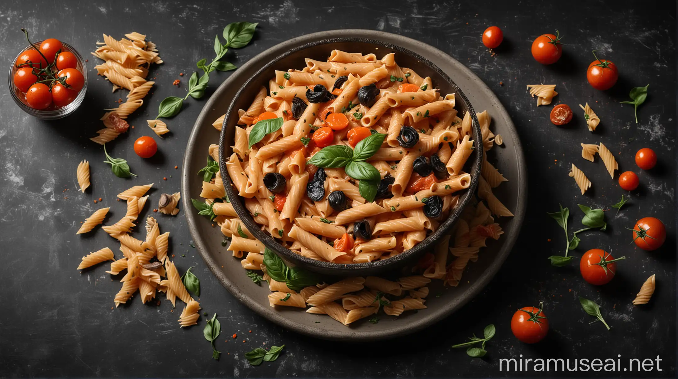 Crée une image d'un bol de pâtes appétissant sur un fond aux couleurs du drapeau Italien, Le bol est noir avec le logo 'Pasta Misteriosa', Le bol est rempli de pâtes penne recouvertes de sauce à la vodka, parsemées d'herbes vertes,
Au-dessus du bol, fais flotter des ingrédients comme une feuille de basilic, une rondelle de champignon, une demi-tomate cerise, et une cuillère de sauce crémeuse, comme s'ils allaient tomber dans le bol, Utilise un éclairage doux pour mettre en valeur les couleurs vives des ingrédients et la texture crémeuse des pâtes.