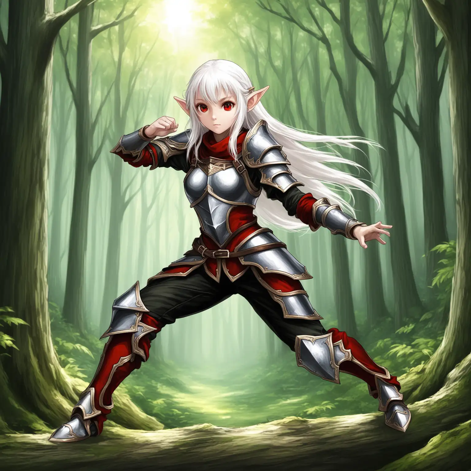 girl, red eyes, long white hair, adventurer's armor, black pants, dynamic pose, forest, small elf ears
