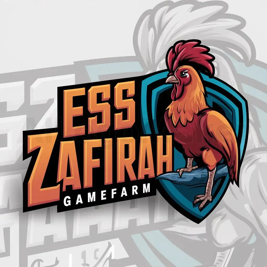 a logo design,with the text "ESS ZAFIRAH GAMEFARM", main symbol:LOGO Design Farm Majestic Fighting Cock Emblem with Protective Shield and Bold Typography Real Color 3D,complex,be used in Others industry,clear background