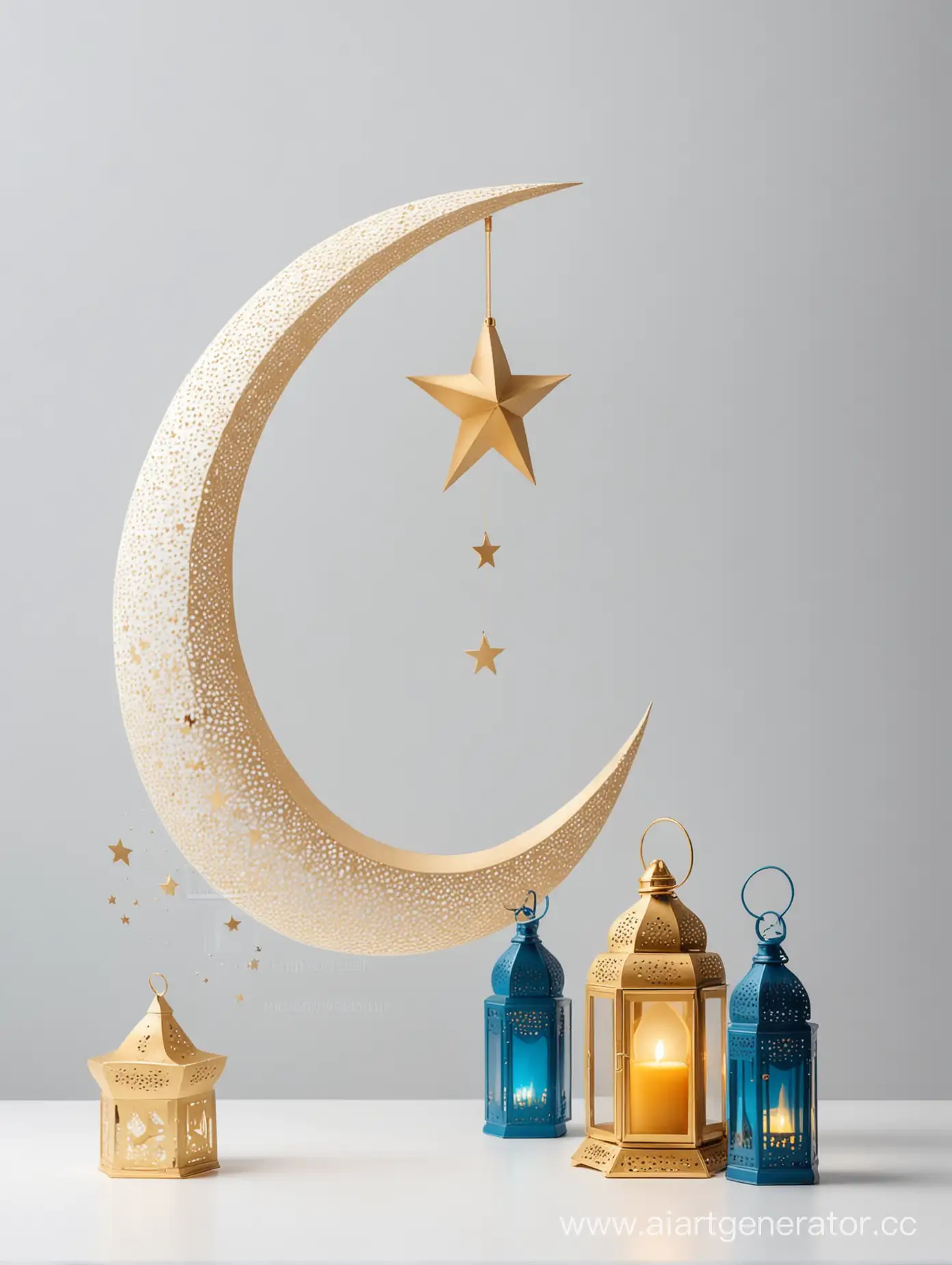 Modern-Islamic-Ramadan-Moon-Star-and-Lantern-Concept-in-Golden-and-Blue-on-White-Background