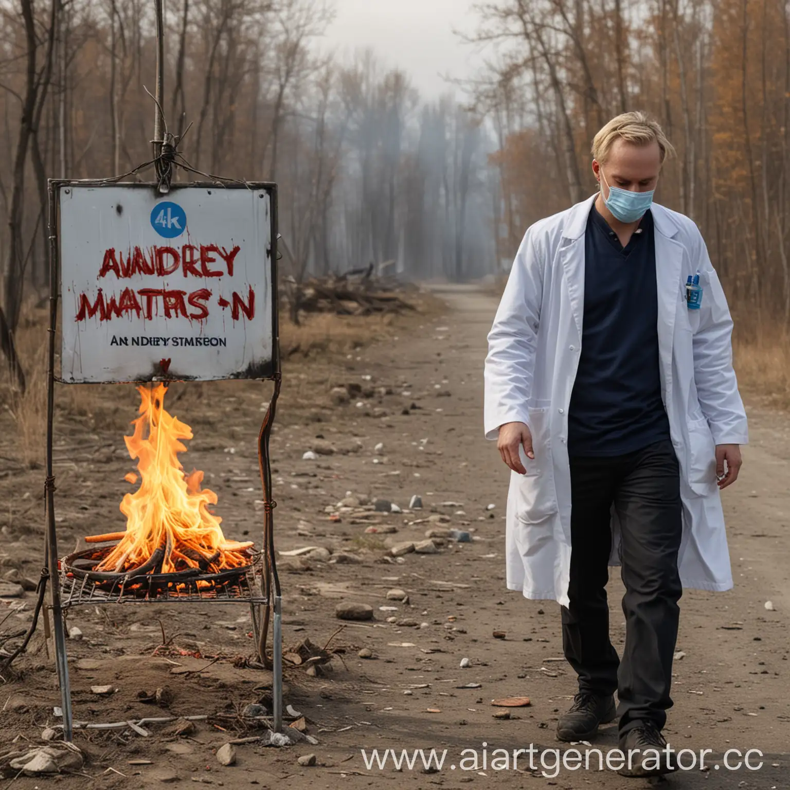Врачи делают капельницу где рядом пробегает человек с горящей головой  с табличкой где написано  Andrey Mattsson , 4k