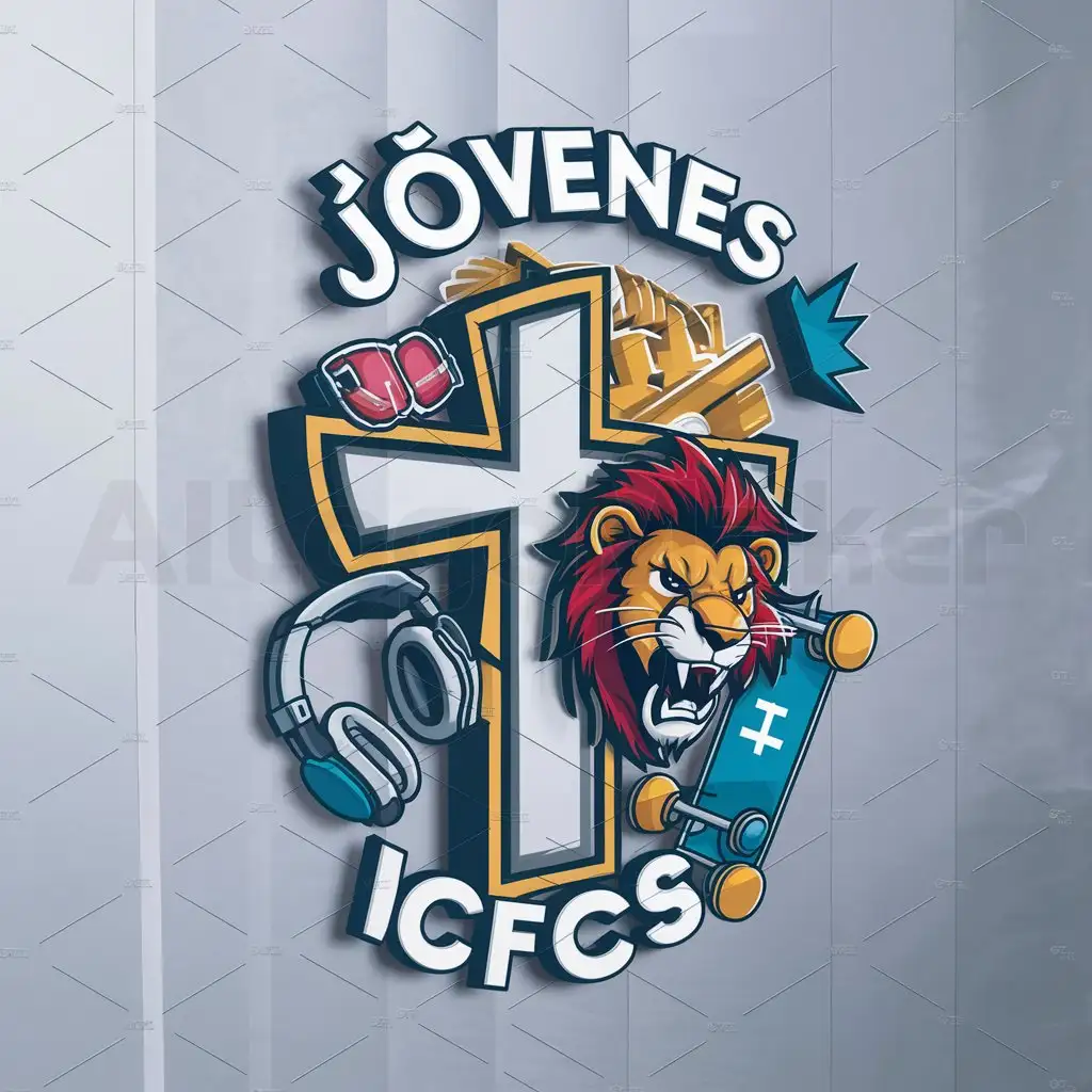 a logo design,with the text "Jóvenes ICFCS", main symbol:A cross, A LION and elements of the pop culture for youngsters.,Moderate,be used in Religious industry,clear background