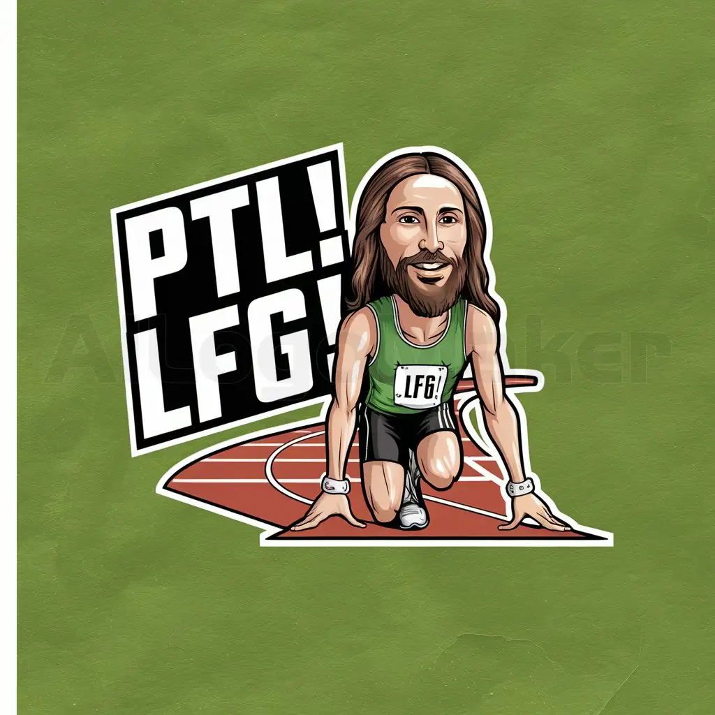a logo design,with the text "PTL!  LFG!", main symbol:Jesus smiling and getting ready to run a track race,Moderate,be used in Religious industry,clear background