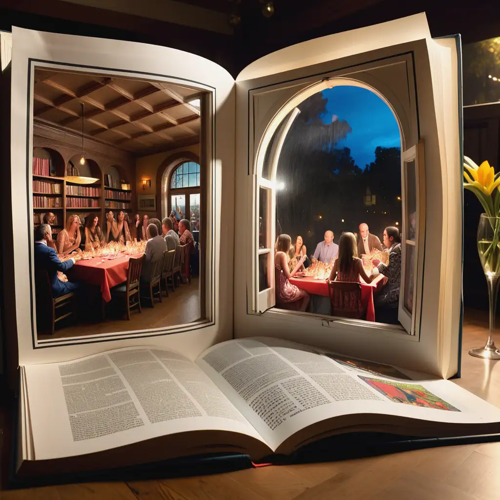 Open Book with Lively Party Scene