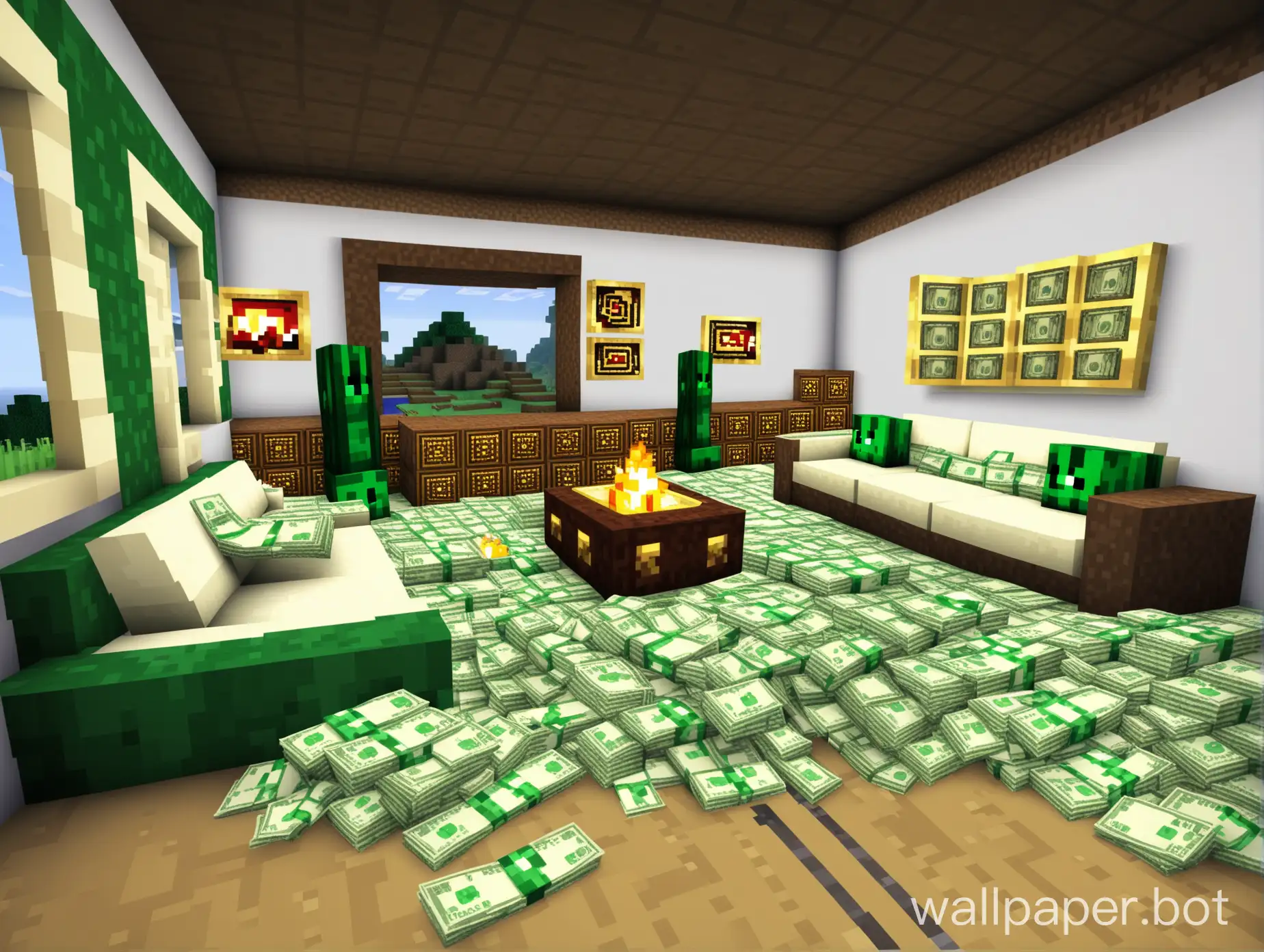 minecraft luxury living room with a pile of money