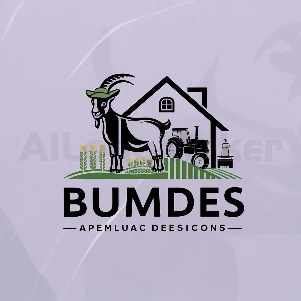 a logo design,with the text "bumdes", main symbol:["goat","home","agriculture"],Moderate,clear background