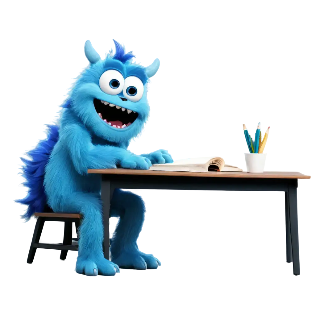 cute blue monster doing homework
