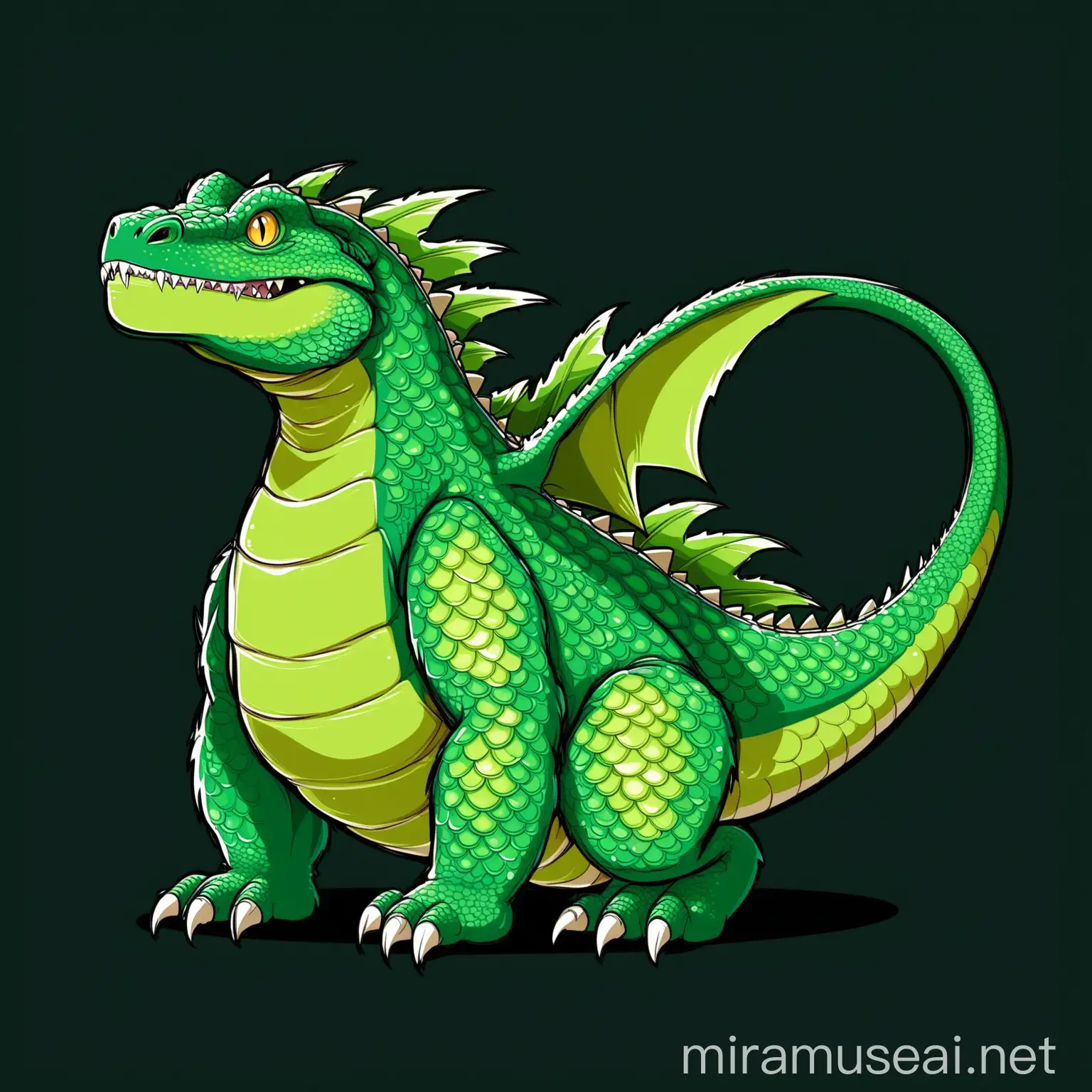big lizard monster, green scales, cartoon, black background