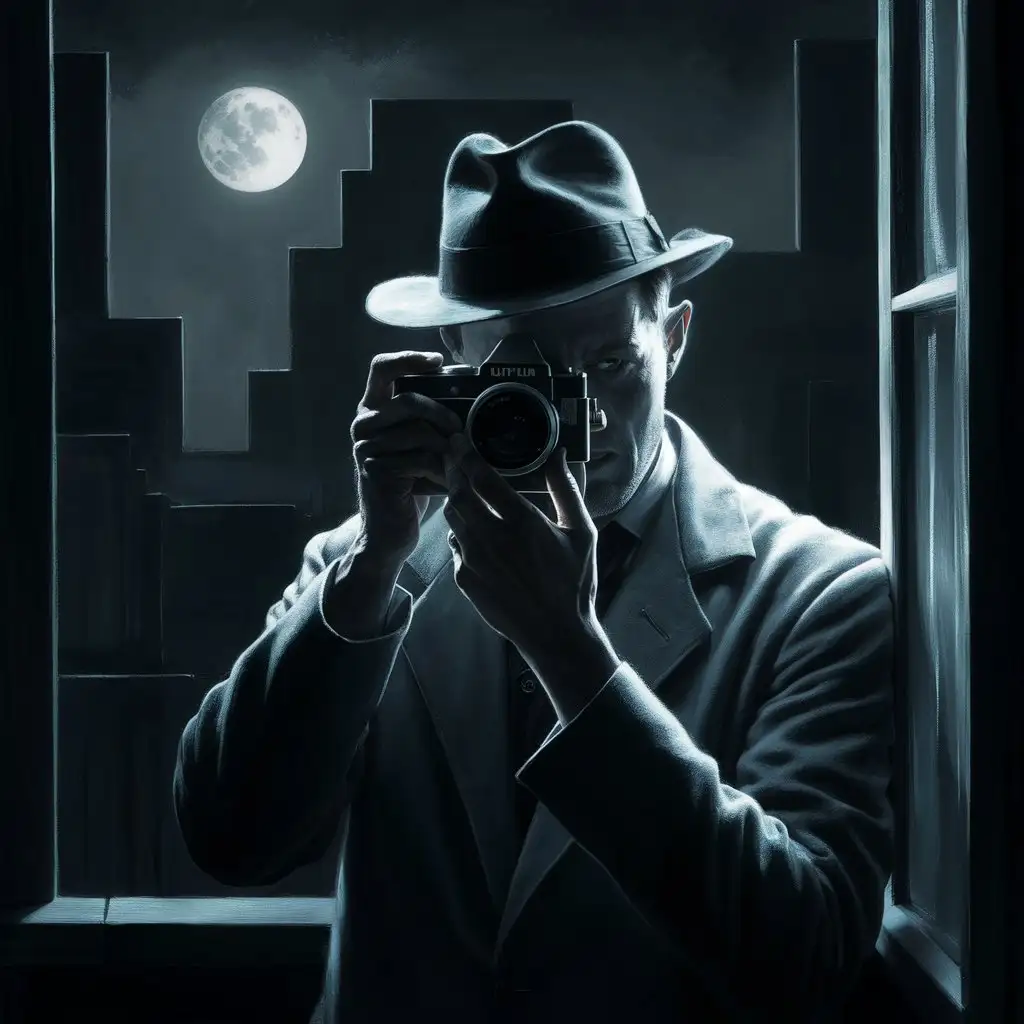 The noir-style setting. A silhouette of a man photographer stands at the window, holding a Fujifilm camera, looking out into the night. The moonlight gently illuminates his clothing and hat, casting a soft shadow over his face.