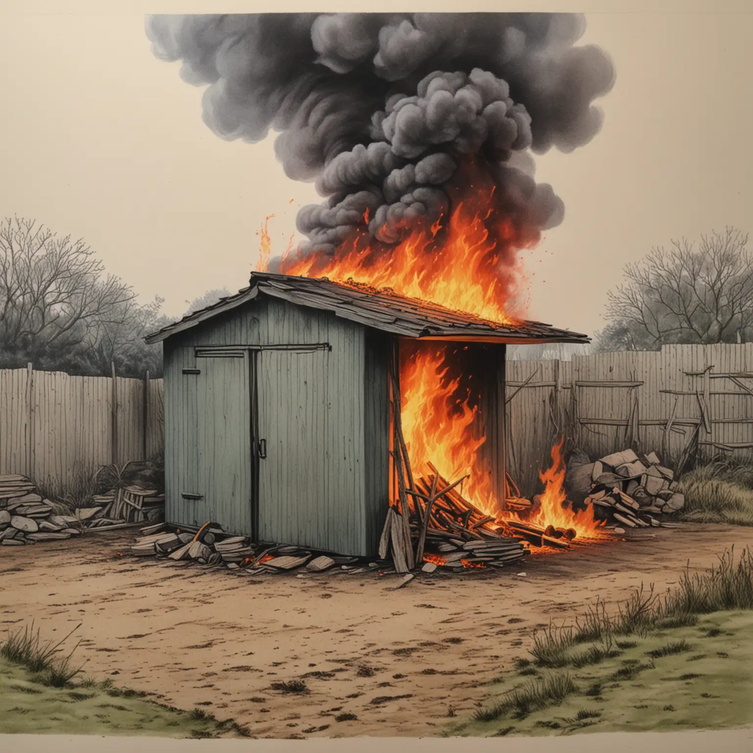 Colorful Drawing of a Burning Shed