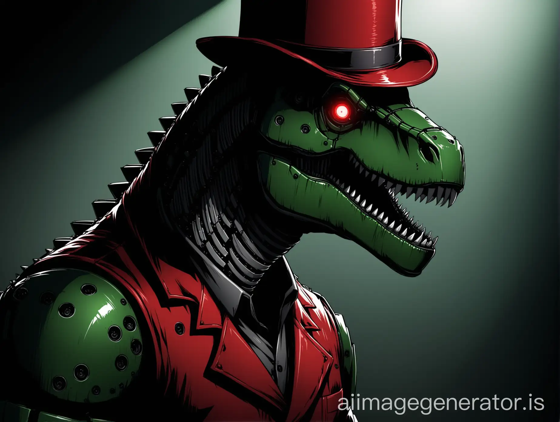 Illustrate a close-up, eerie image of a male T-Rex animatronic inspired by Five Nights at Freddy's. The dark green and gray Rex, with red accents, sports a red top hat with black stripes, glasses, and holds a book. Emphasize his robotic features in dim lighting with shadows. Use dark tones with red highlights. Capture a sinister mood with a focus on mechanical details. (Image: Illustration, Sinister, Dark tones with red accents, Close-up angle, Robotic features, Dim lighting, Shadows)