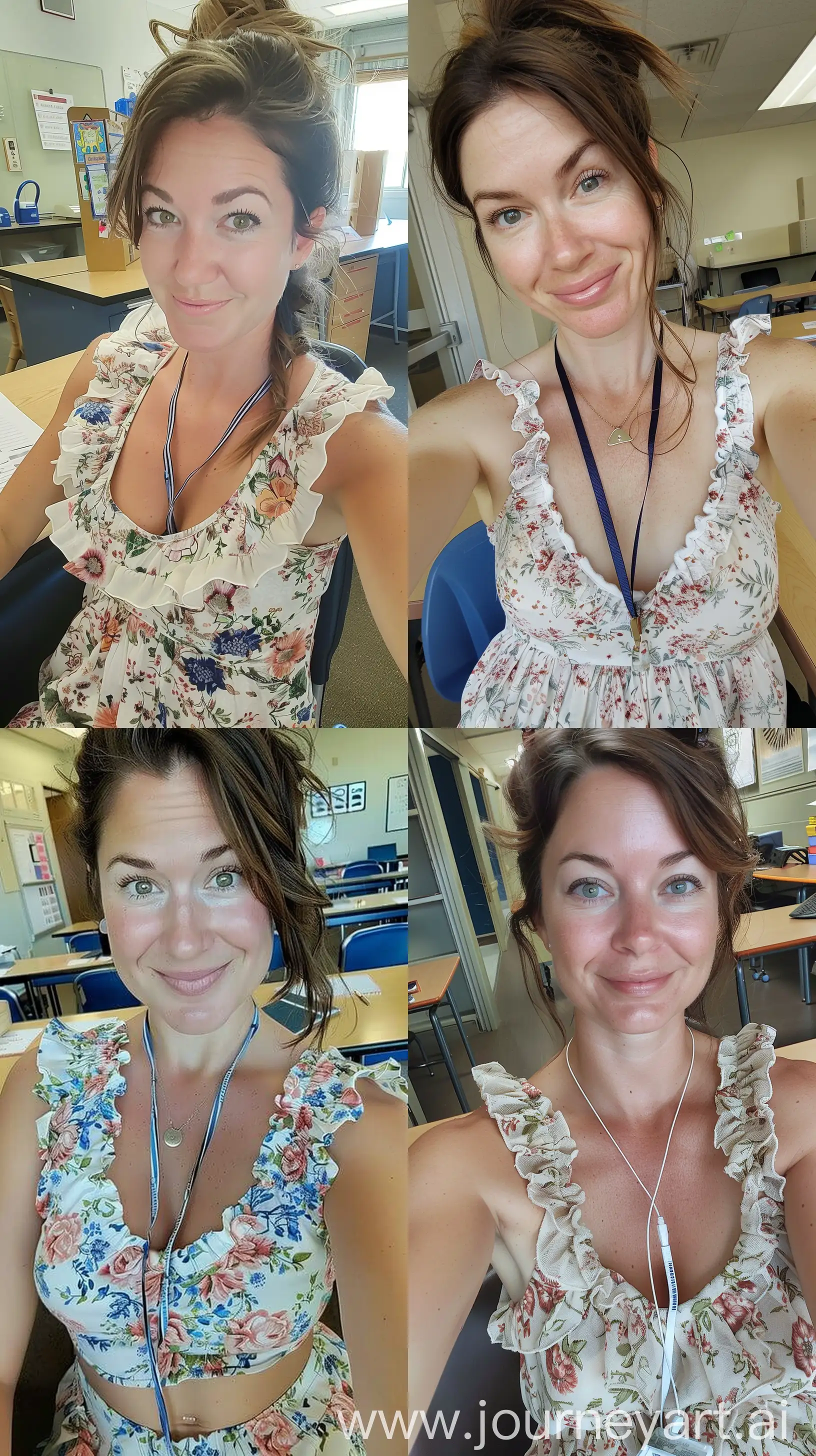Typical elementary school teacher taking a selfie at her desk, pretty, high cheekbones, nice jawline, floral tank top with frills, lanyard around neck, close up selfie, wide set, profile throw face away in room, nice chest --ar 9:16