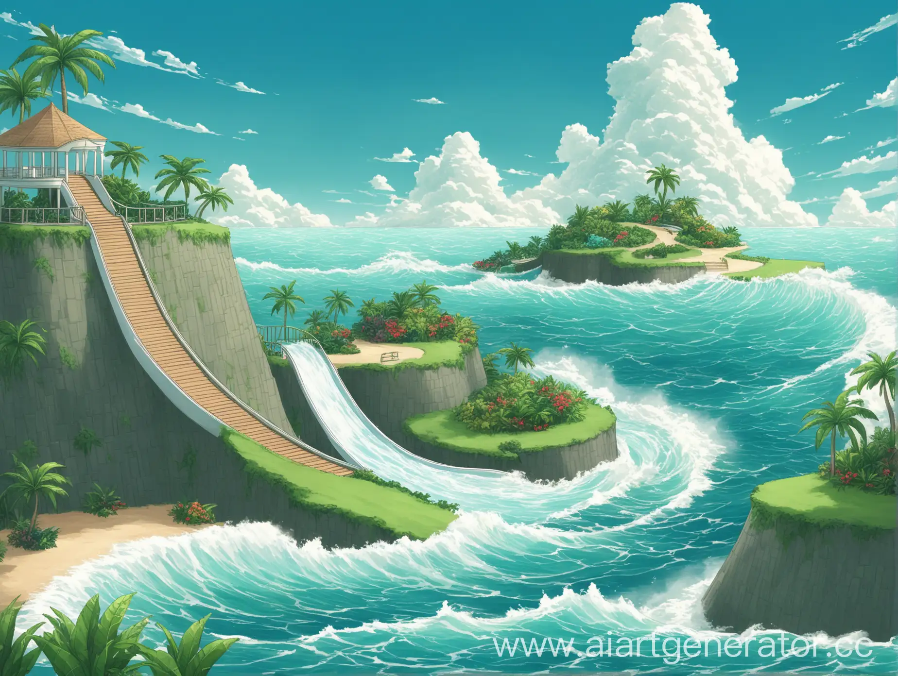 Draw a sea with one island on which there is a waterslide leading into the sea. The sea should have turbulent waves, and the island should have plenty of plants and greenery. The sky is calm and clear.