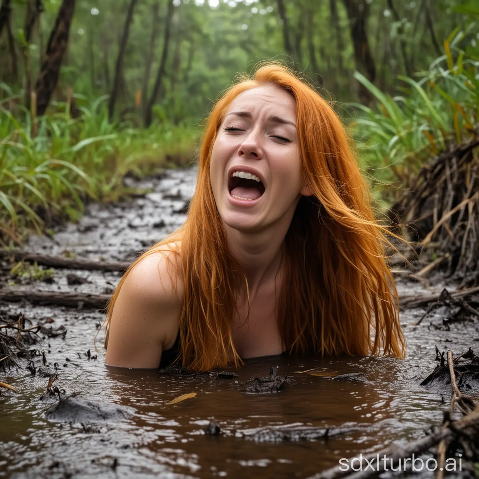 24 year old woman, Orange long hair, sinking in thick bog, jungle scenery, screaming and crying