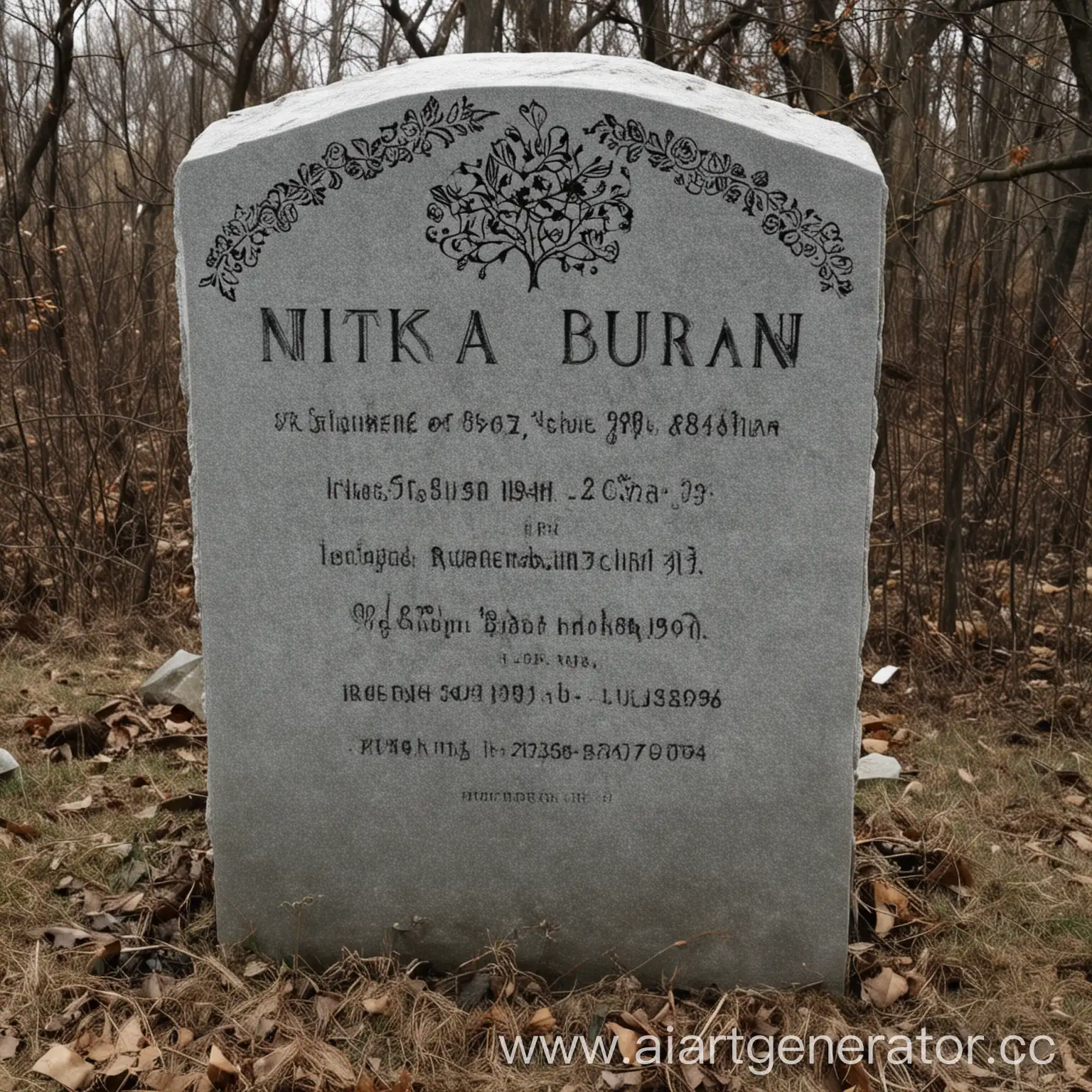 Кладбище с надгробием, а на надгробии надпись Никита Бурьян 2010-2024
