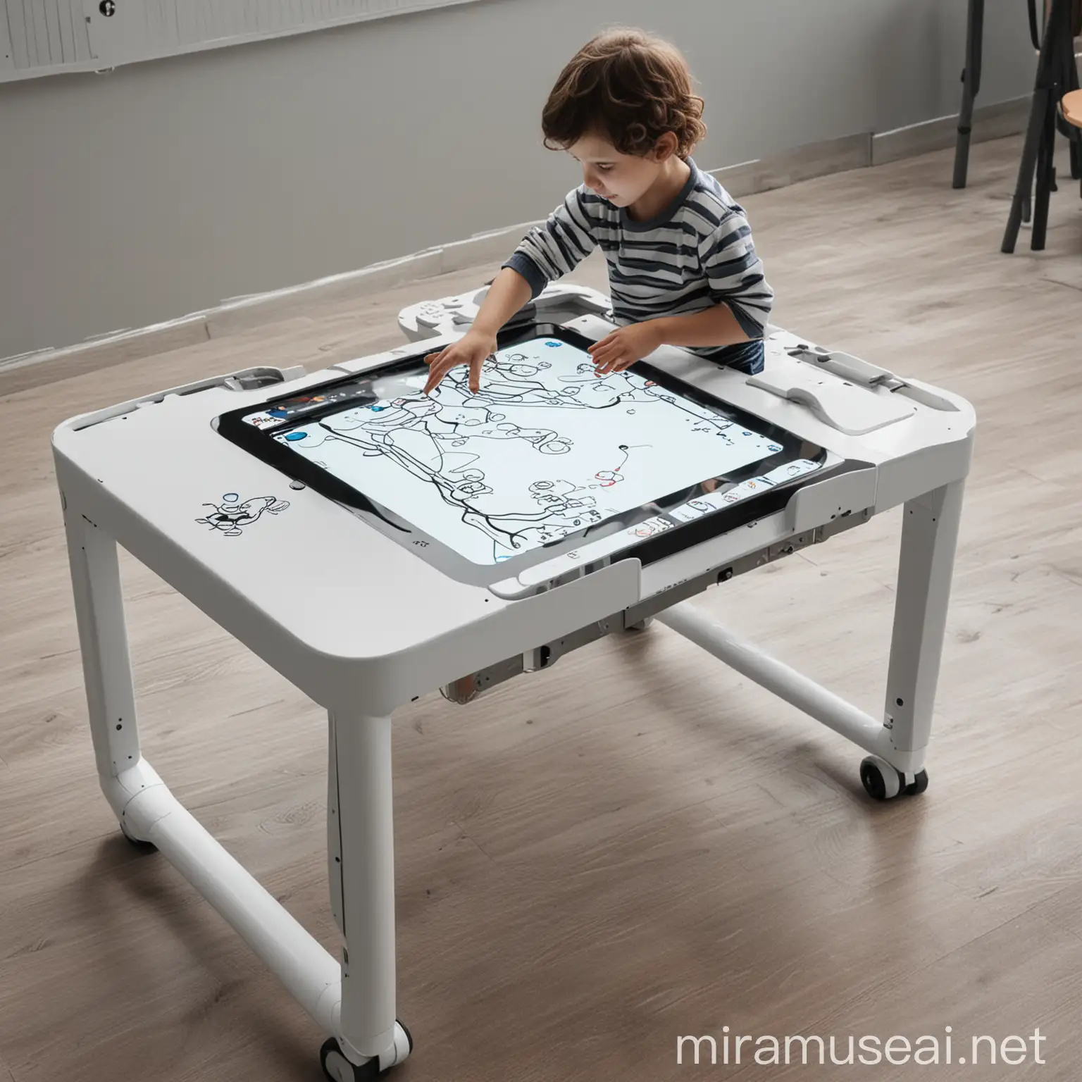 A smart touch-screen table with a simple design is easy for children to use, has multiple learning and entertainment functions, and there is an interactive robot in the middle of the table. Black and white line drawing
