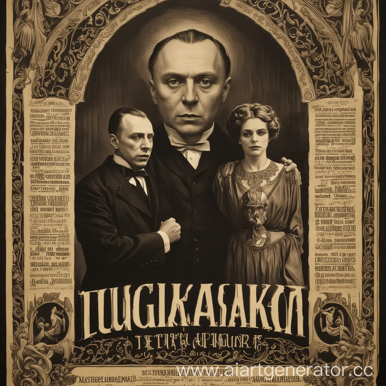 Плакат с Булгаковым и театром. Сверху должна быть надпись "Скрытые смыслы романа "Мастер и Маргарита""
