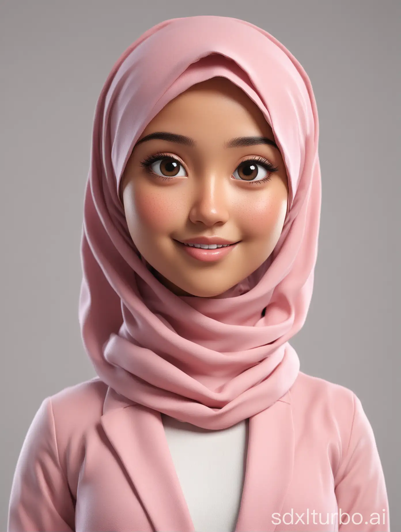 Create a full 3D cartoon style body with a big head. an indonesian girl. slightly round eyes, clean white skin, thin sweet smile. wearing a hijab, pink blazer, white undershirt, body position clearly visible. The background is solid white. Use soft photography lighting, hair lighting, top lighting, side lighting. Highest quality photos, Uhd,16k