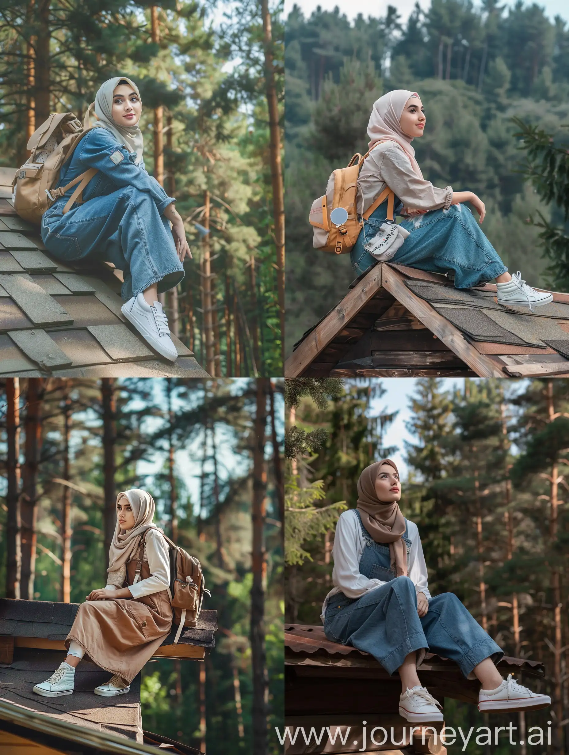 Woman-in-Hijab-Relaxing-on-Wooden-House-Roof-in-Pine-Forest