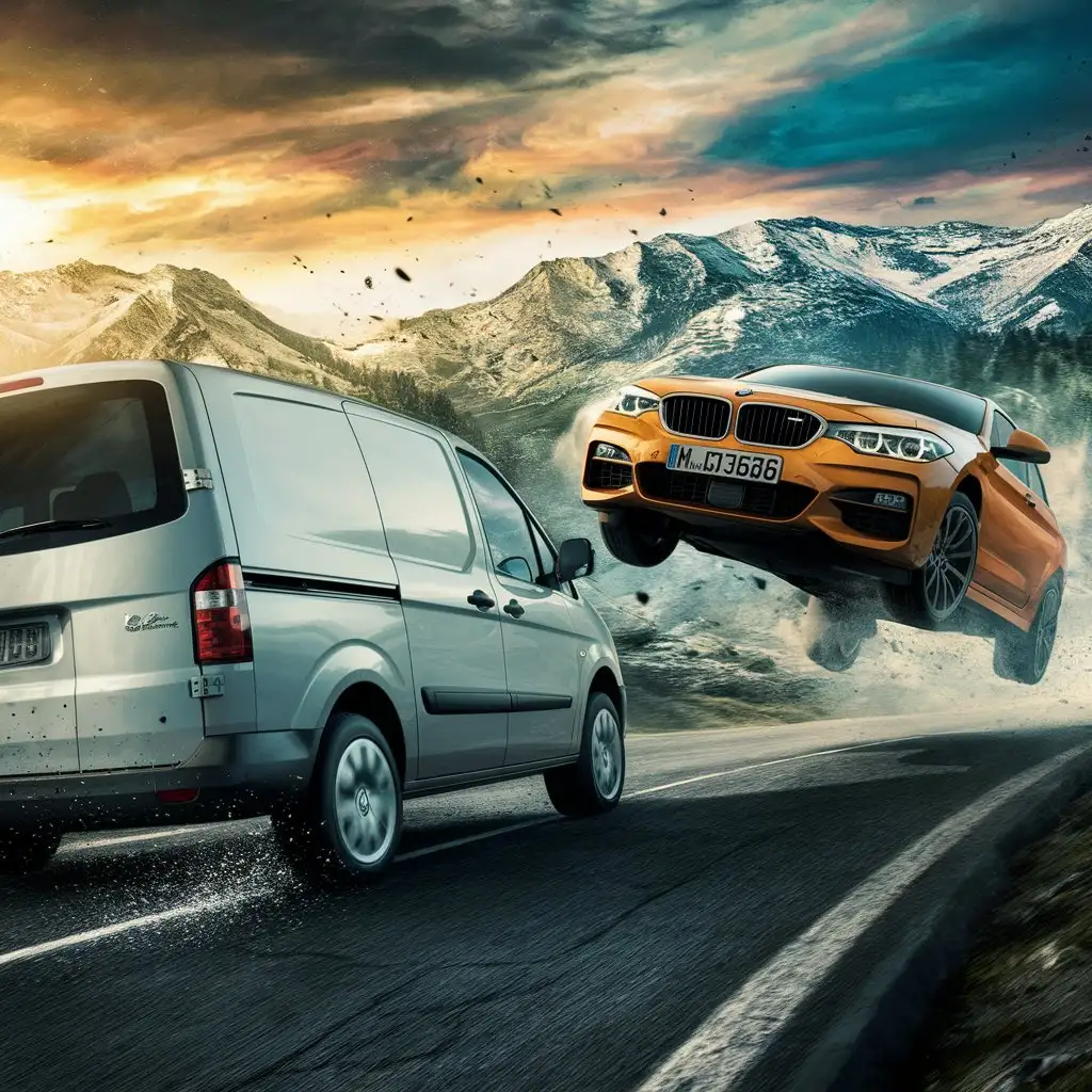 Photorealistic. Back view. A white van is driving down the road. An orange BMW car is flying towards him. Two cars are seconds away from colliding. There is a mountain and sky in the background.