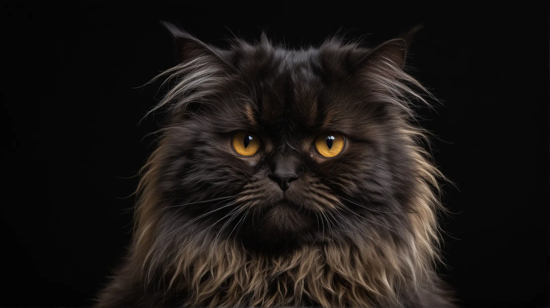 Show me an image of a gorgeous and hairy cat looking at the camera with a black background
